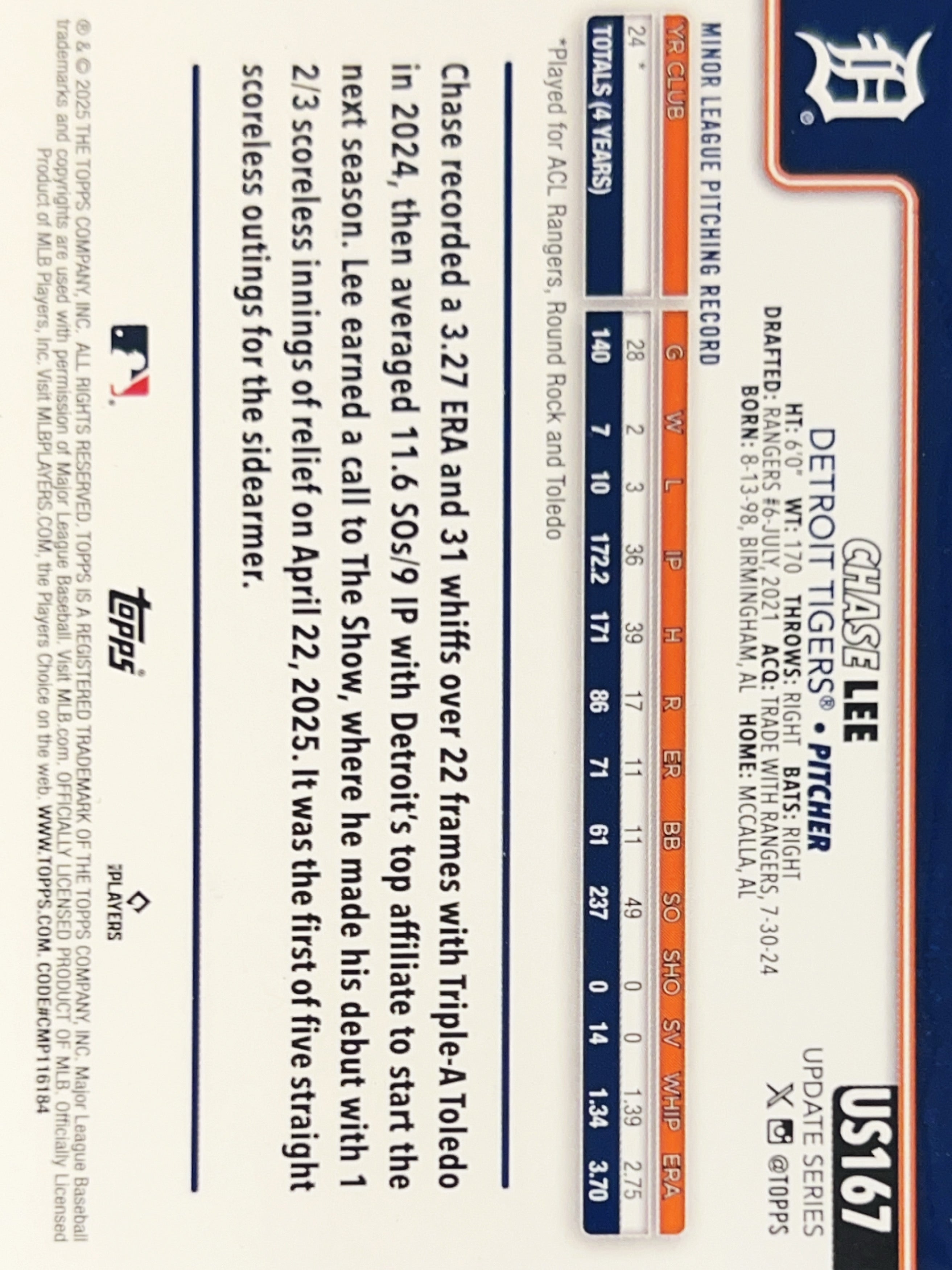 2025 Topps Update Series Chase Lee #US167 Orange Foil RC