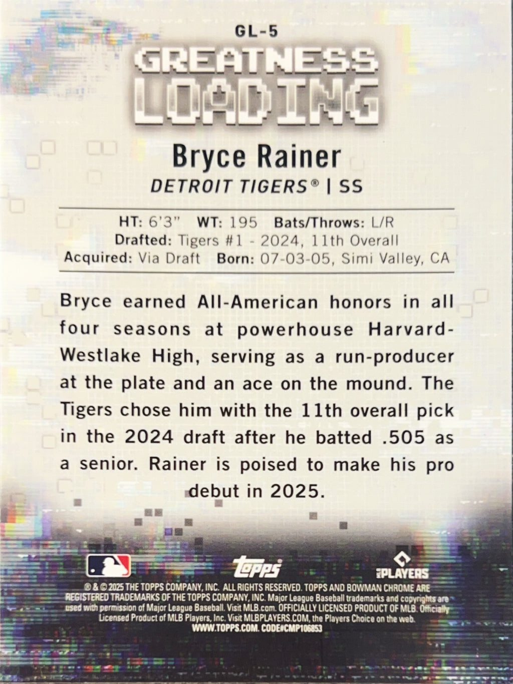 2025 Bowman Chrome Greatness Loading Bryce Rainer #GL-5