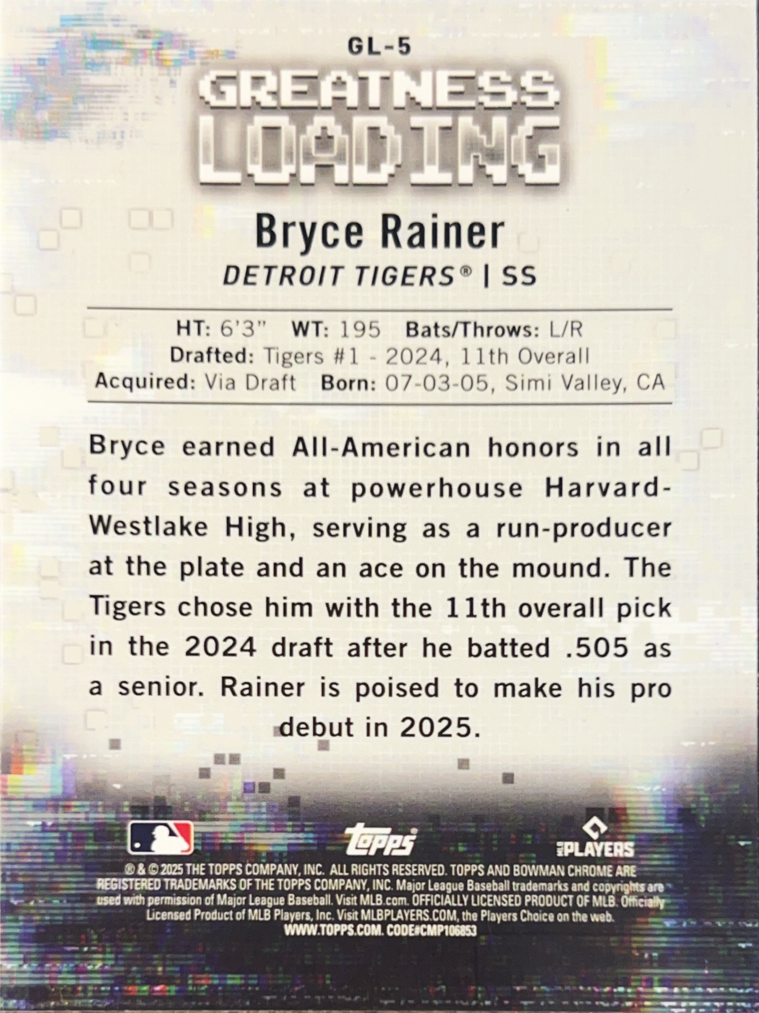 2025 Bowman Chrome Greatness Loading Bryce Rainer #GL-5