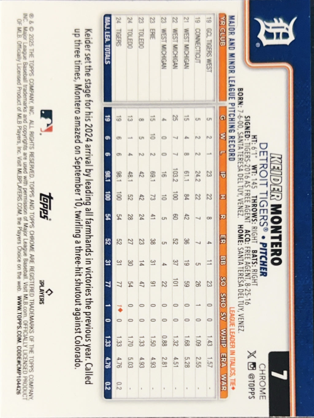 2025 Topps Chrome Keider Montero #7 X-Fractor RC