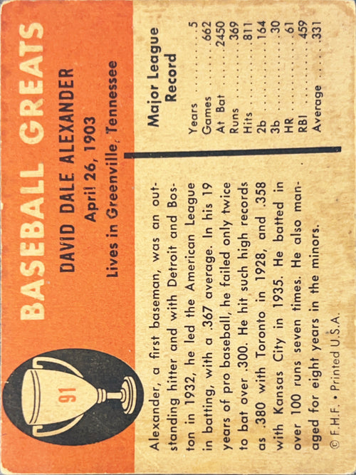 1961 Fleer Baseball Greats Dale Alexander #91
