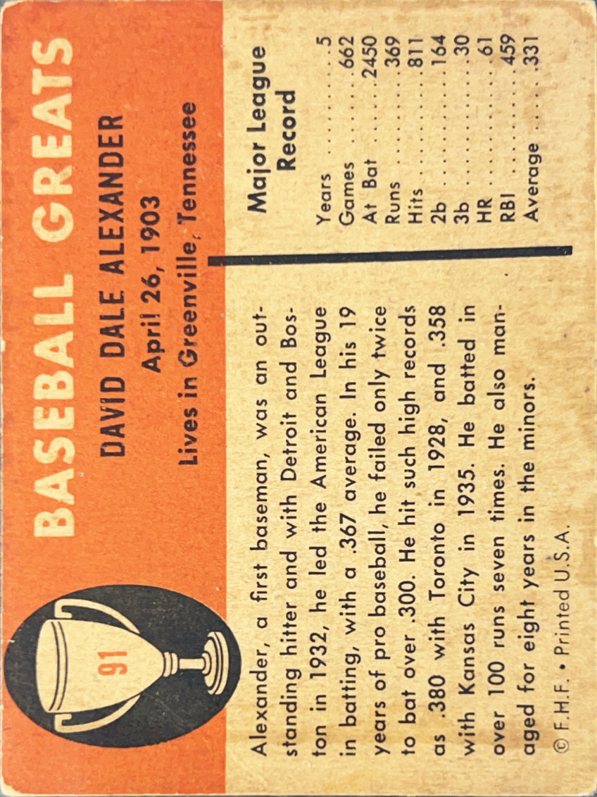 1961 Fleer Baseball Greats Dale Alexander #91