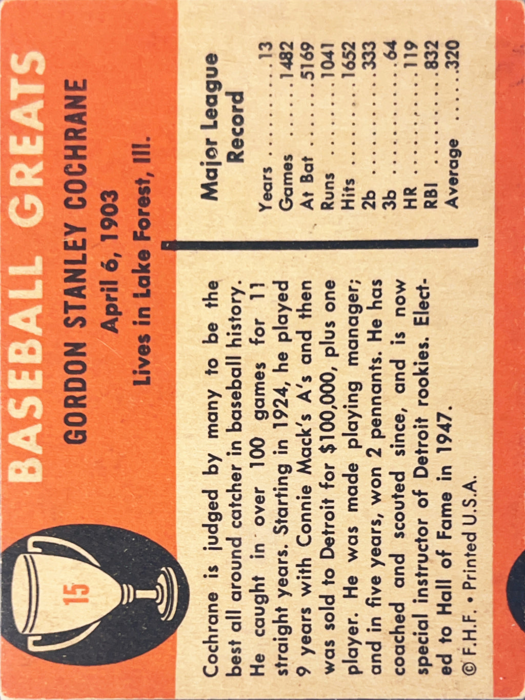 1961 Fleer Baseball Greats Mickey Cochrane #15