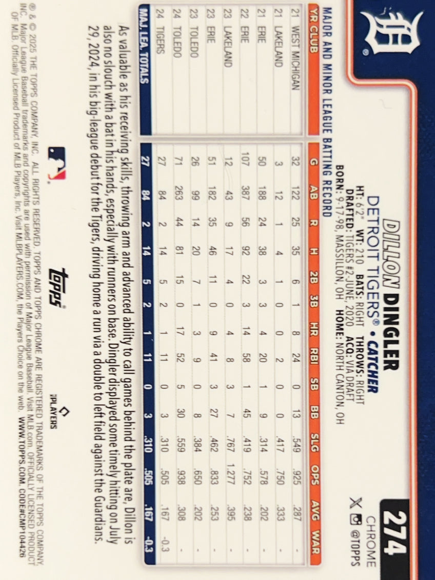 2025 Topps Chrome Dillon Dingler #274 RC