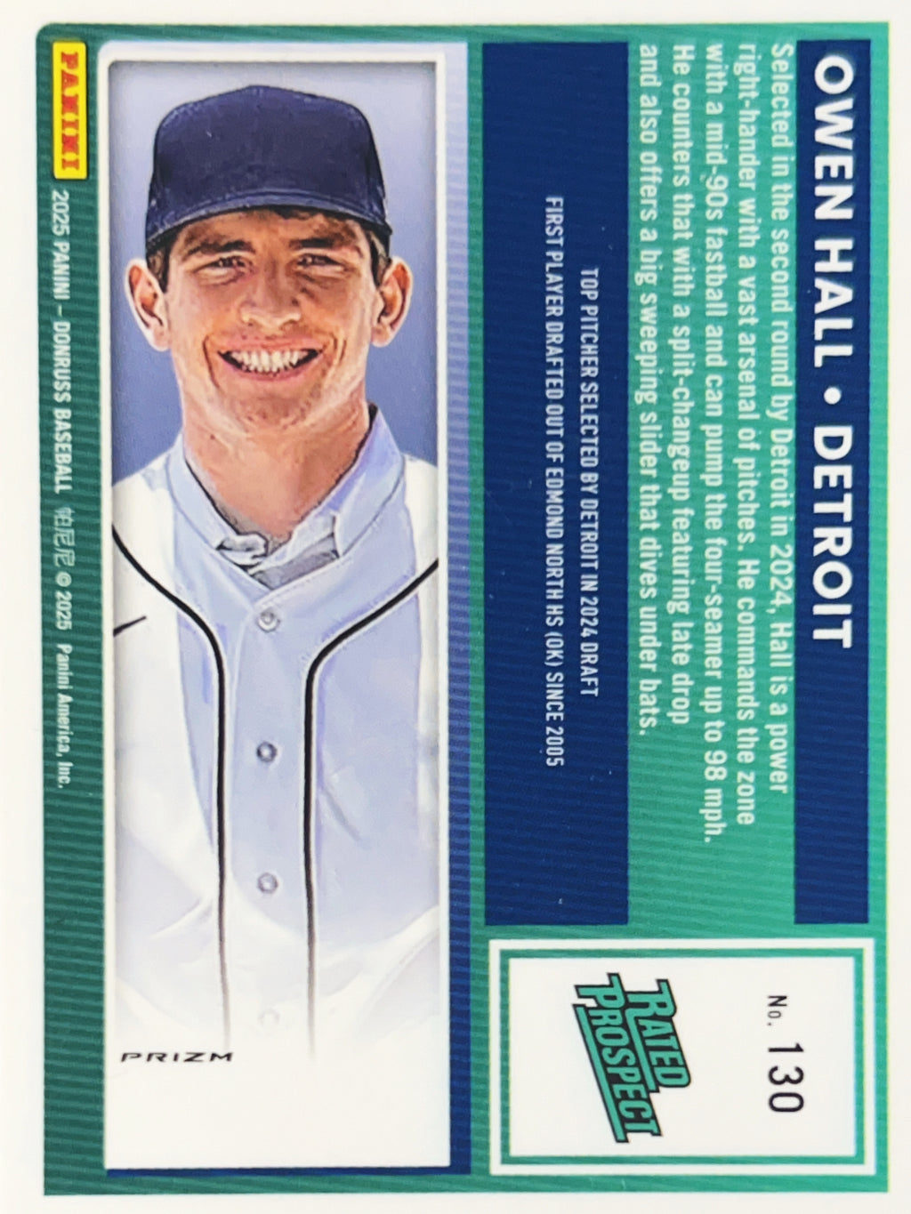 2025 Panini Donruss Optic Prizm Owen Hall #130 Blue Velocity Rated Prospect