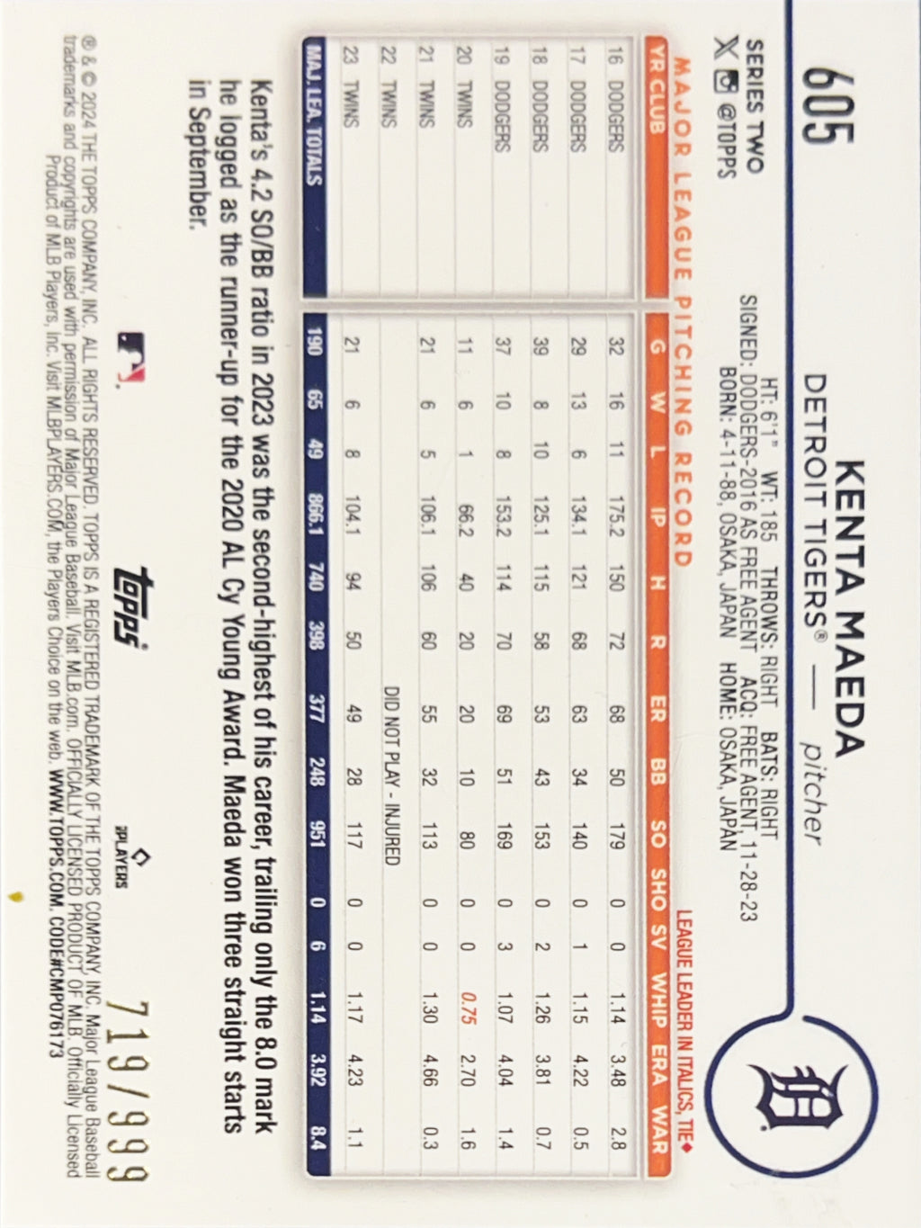 2024 Topps Series 2 Kenta Maeda #605 Blue Foilboard
