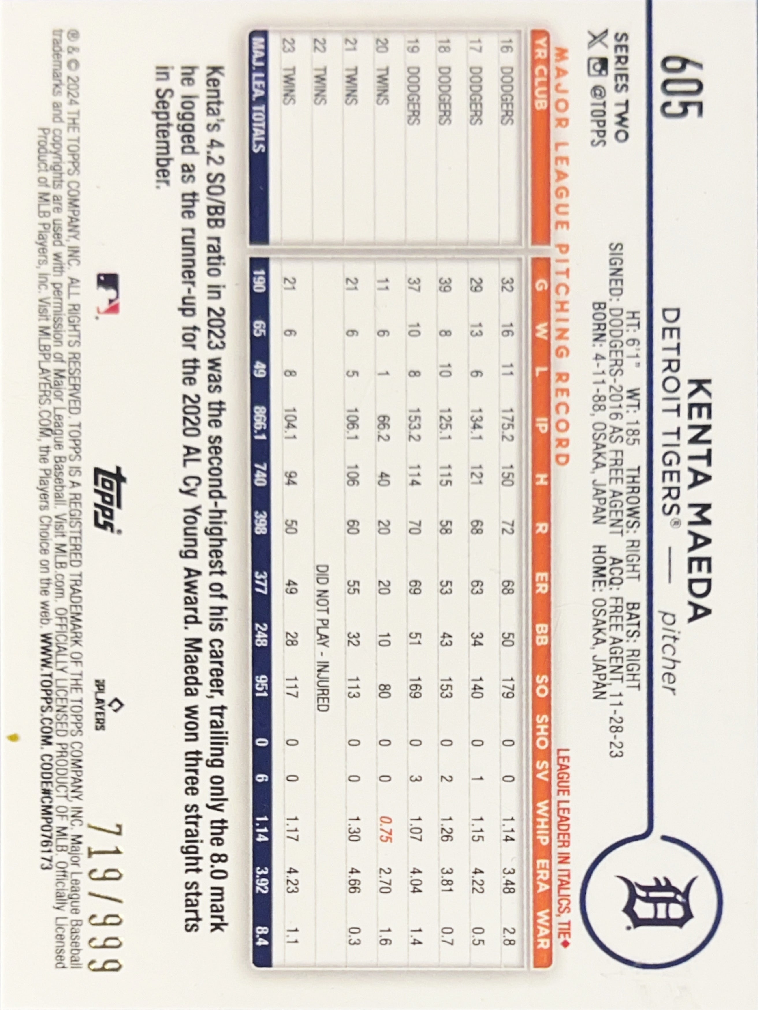 2024 Topps Series 2 Kenta Maeda #605 Blue Foilboard