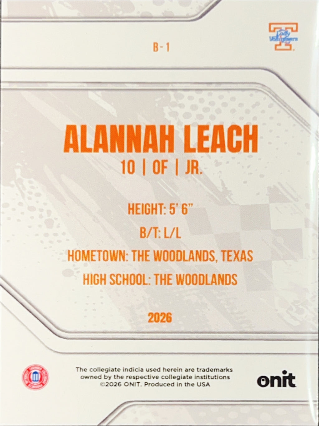 2026 ONIT Tennessee Lady Volunteers Softball Alannah Leach #B-1 Purple Laser