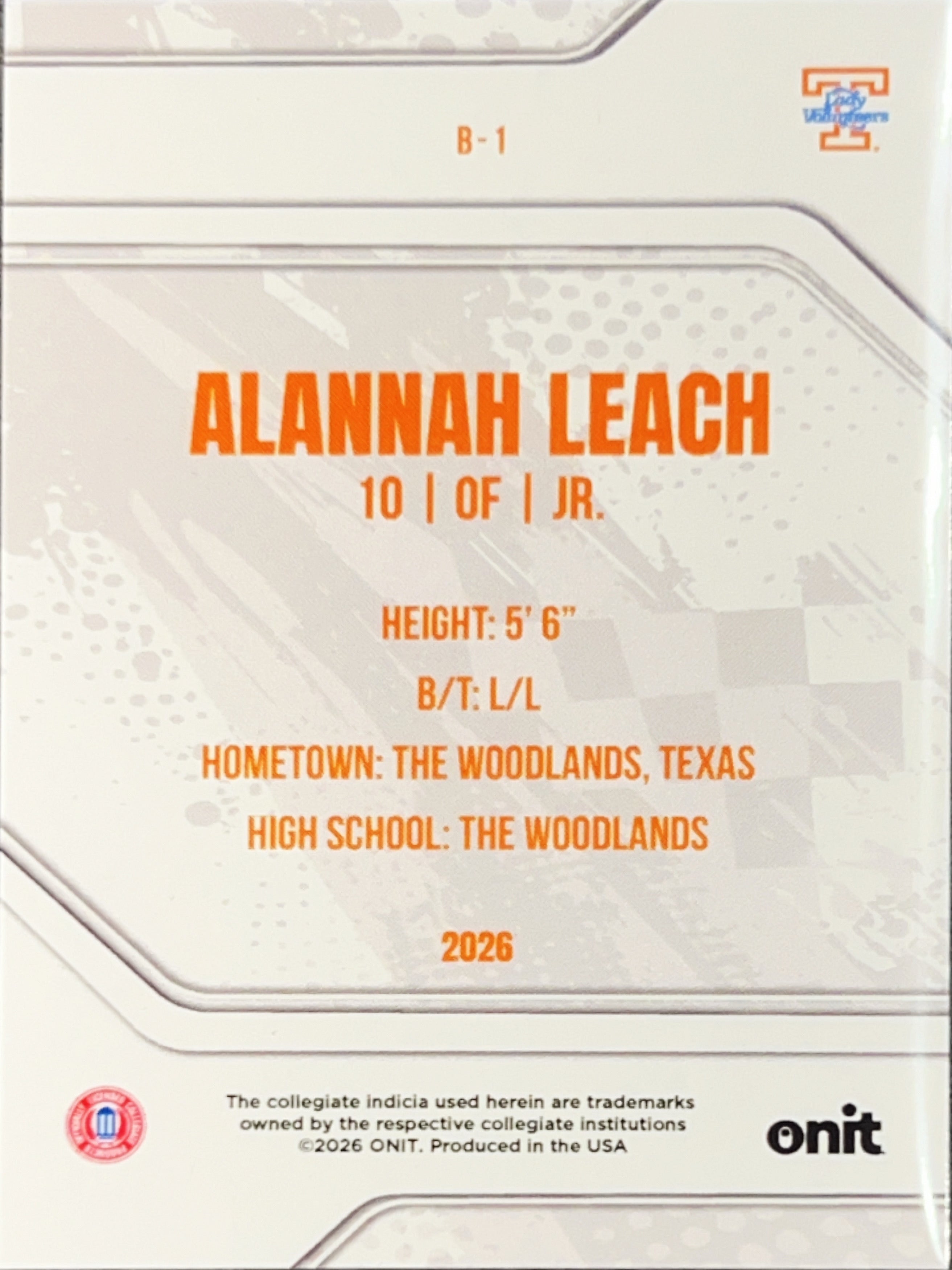 2026 ONIT Tennessee Lady Volunteers Softball Alannah Leach #B-1 Purple Laser