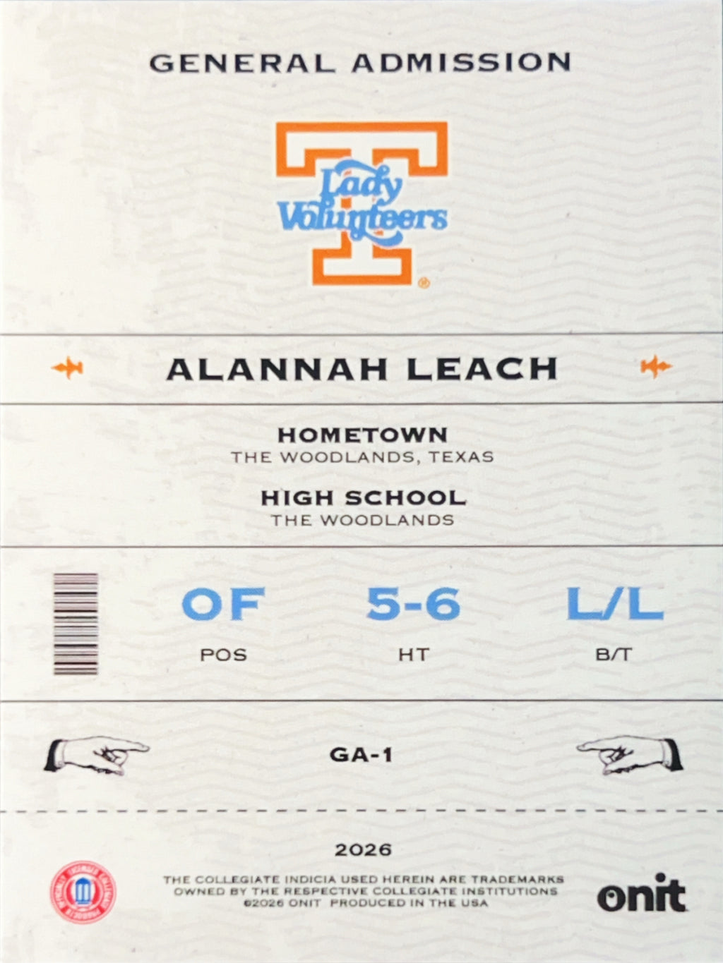 2026 Onit Tennessee Lady Vols Softball Alannah Leach #GA-1 Gold Shimmer