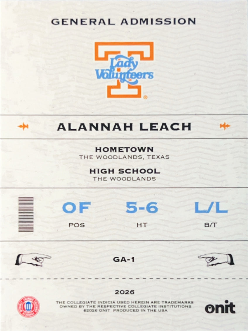 2026 Onit Tennessee Lady Vols Softball Alannah Leach #GA-1 Gold Shimmer