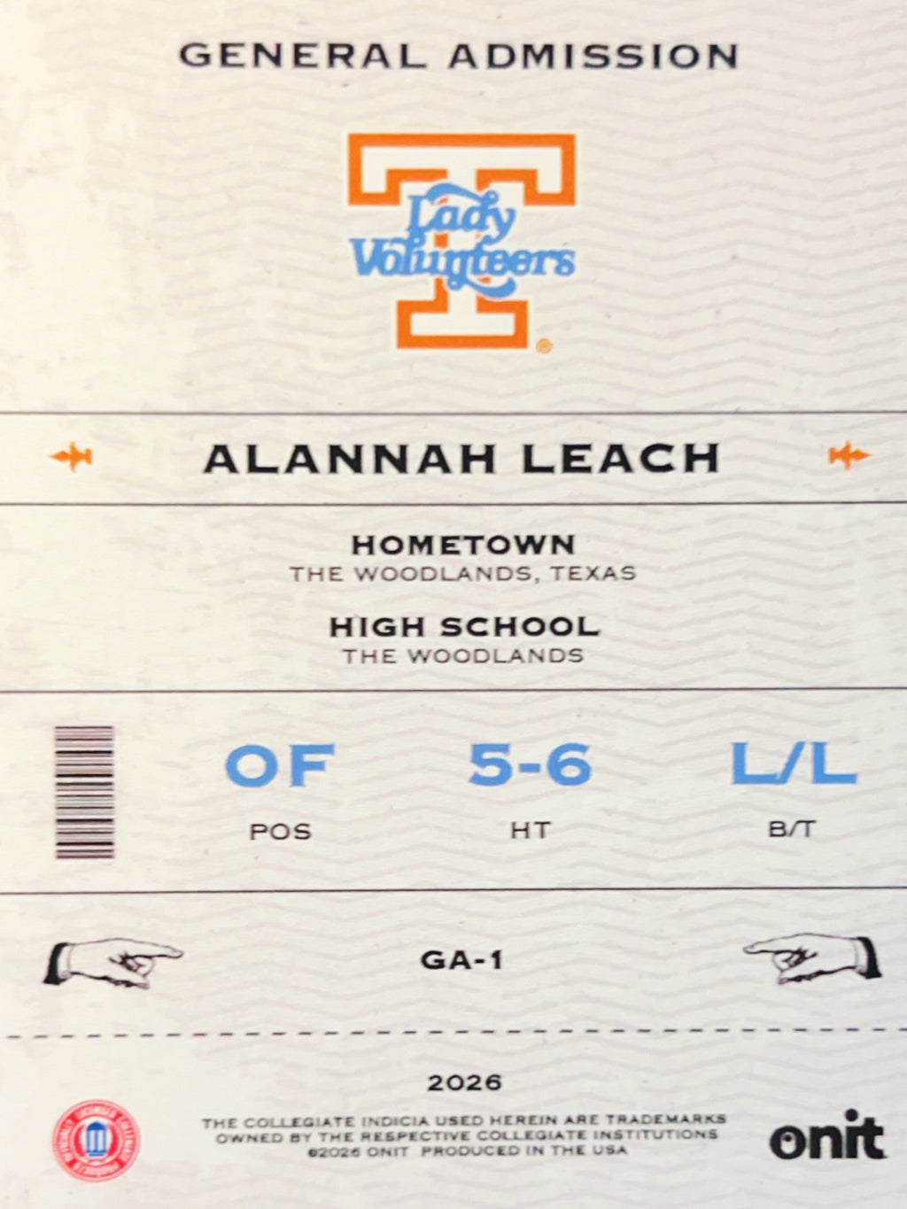 2026 Onit Tennessee Lady Vols Alannah Leach #GA-1 Gold Pattern