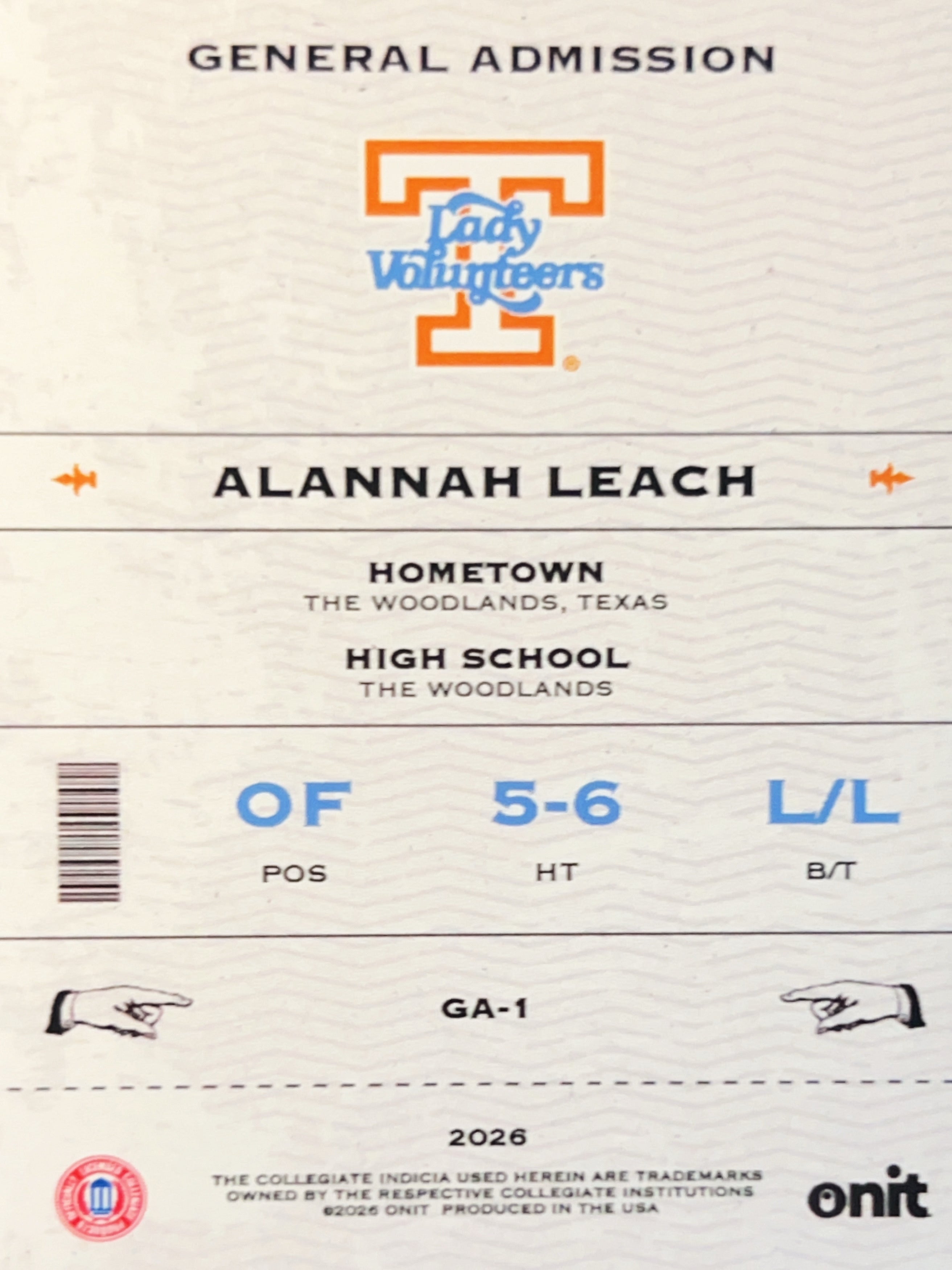 2026 Onit Tennessee Lady Vols Alannah Leach #GA-1 Gold Pattern