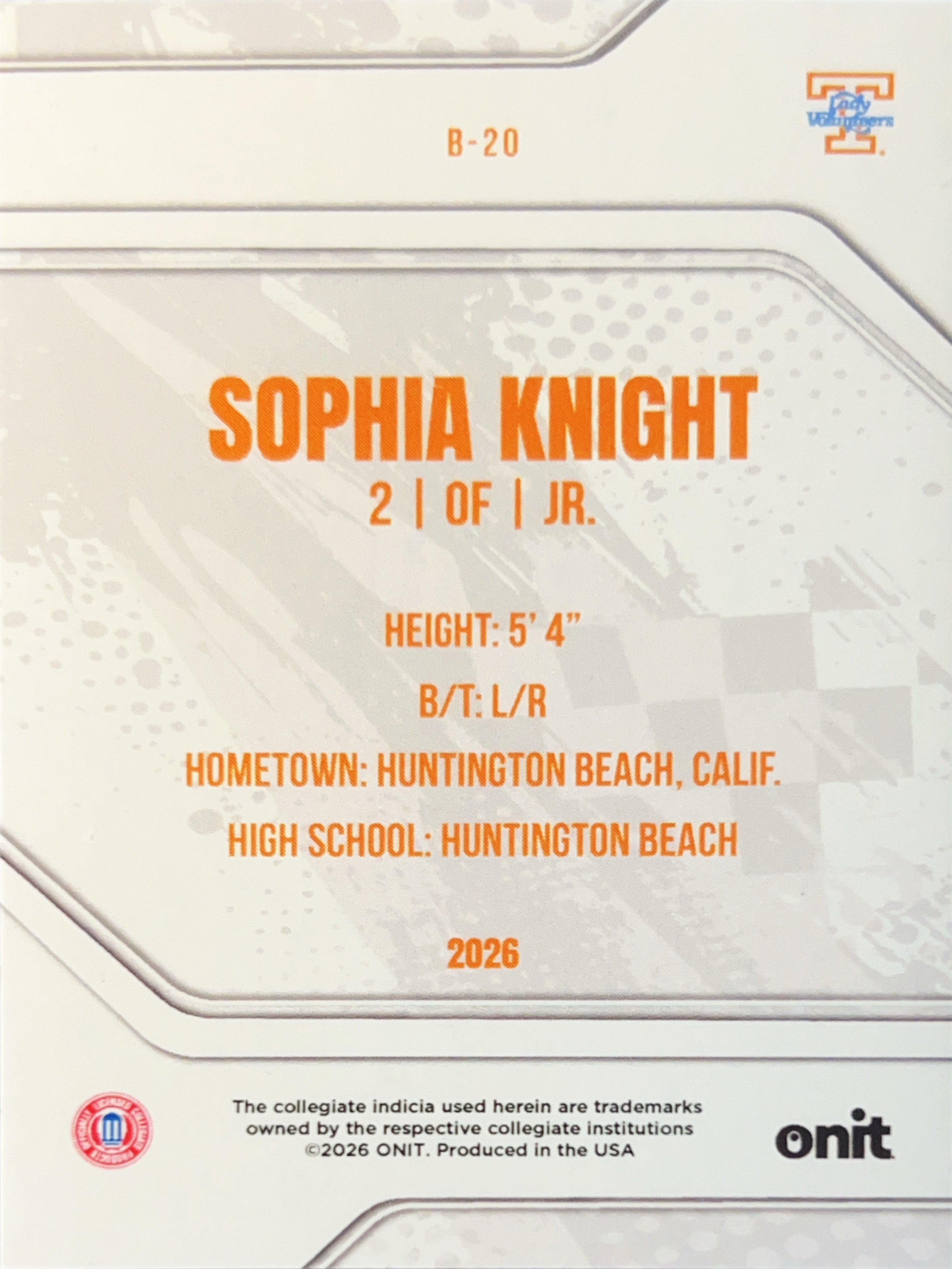 2026 ONIT Tennessee Lady Volunteers Sophia Knight #B-20 Orange Sparkle