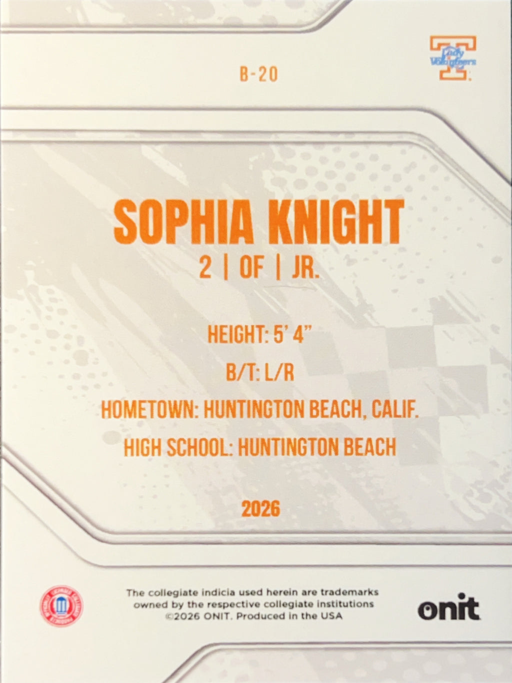 2026 ONIT Tennessee Lady Volunteers Sophia Knight #B-20 Orange Sparkle