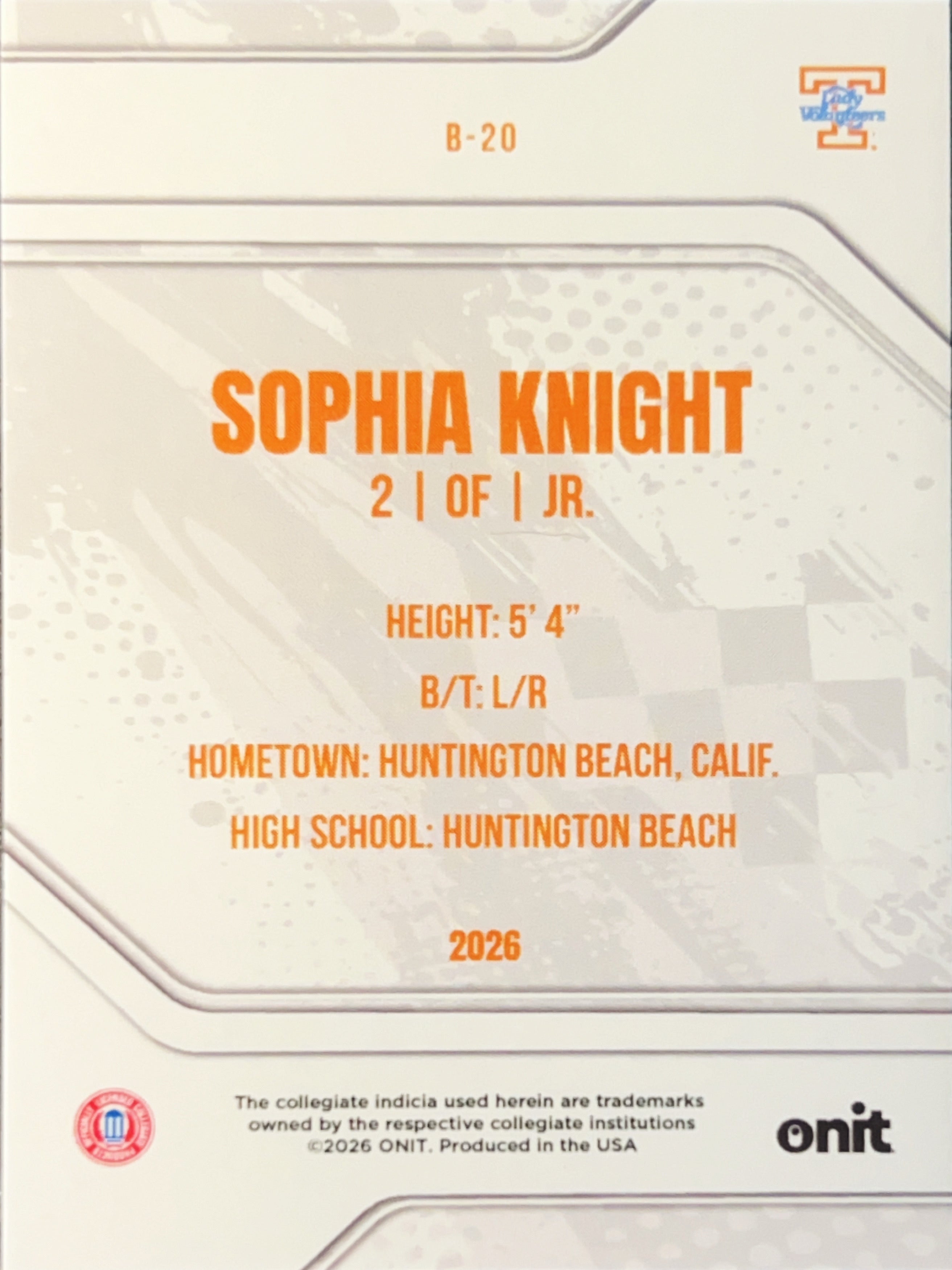 2026 ONIT Tennessee Lady Volunteers Sophia Knight #B-20 Orange Sparkle