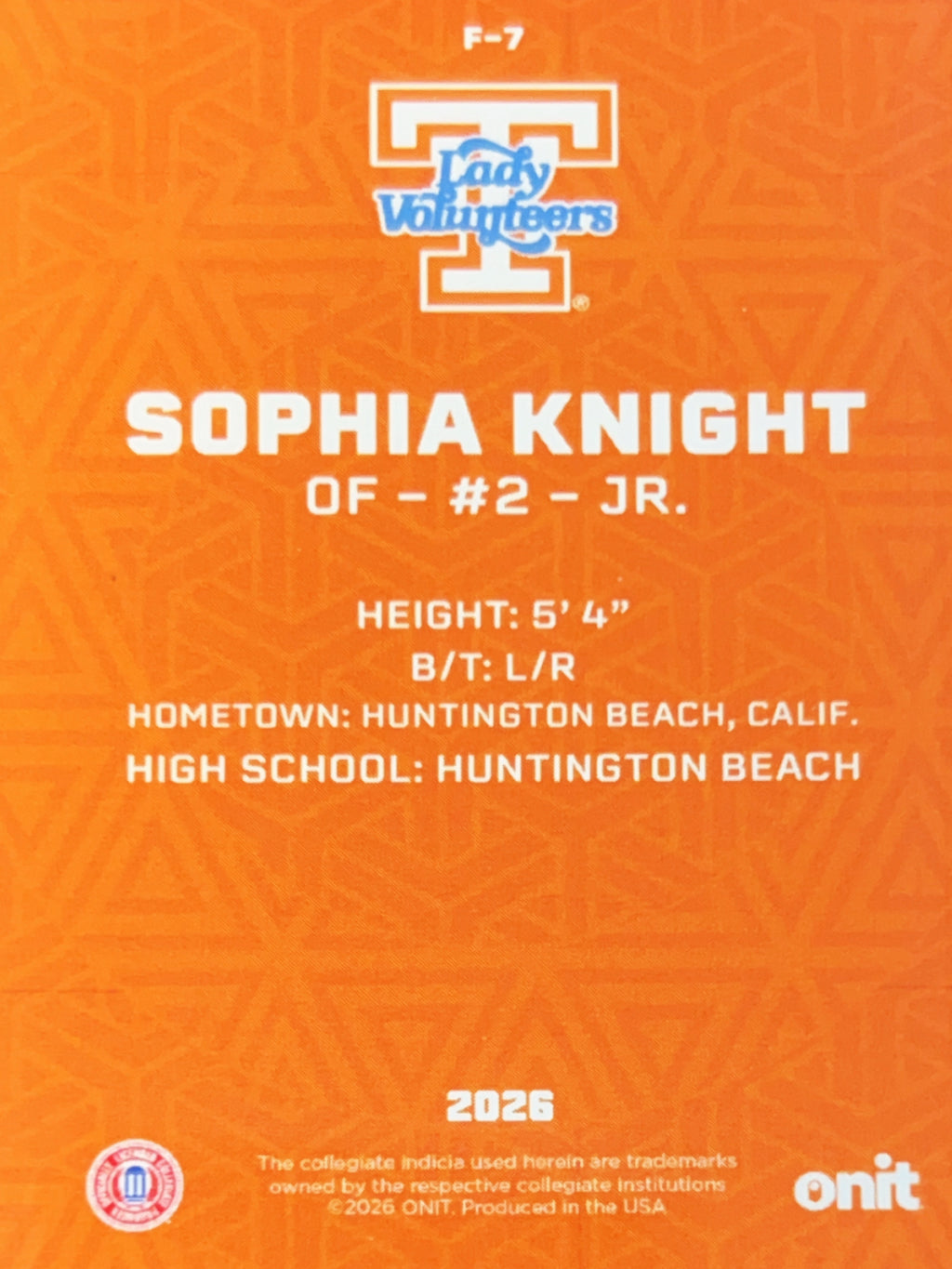 2026 ONIT Tennessee Lady Volunteers Softball Sophia Knight #F-7 Orange Sparkle