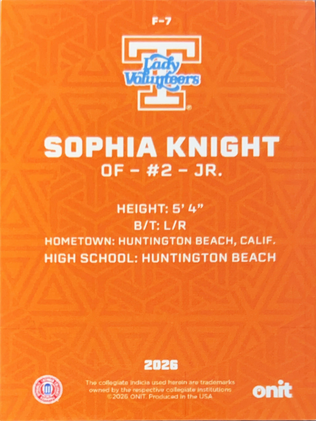2026 ONIT Tennessee Lady Volunteers Sophia Knight #F-7 Orange Sparkle