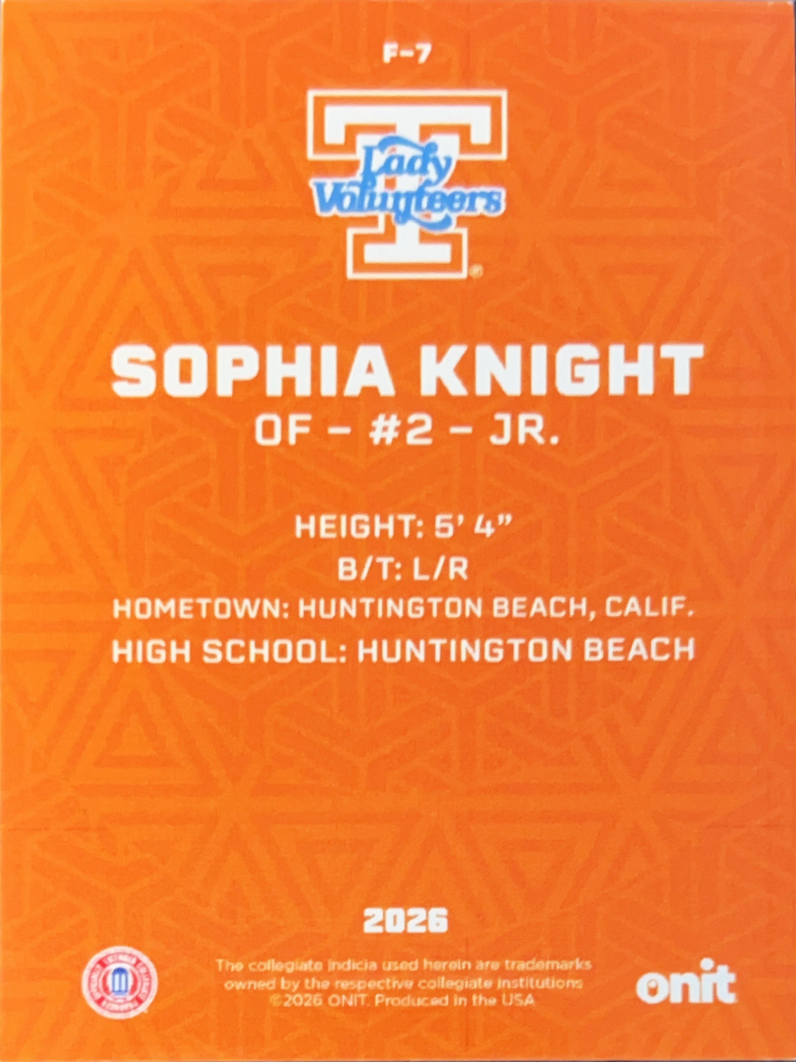2026 ONIT Tennessee Lady Volunteers Sophia Knight #F-7 Orange Sparkle