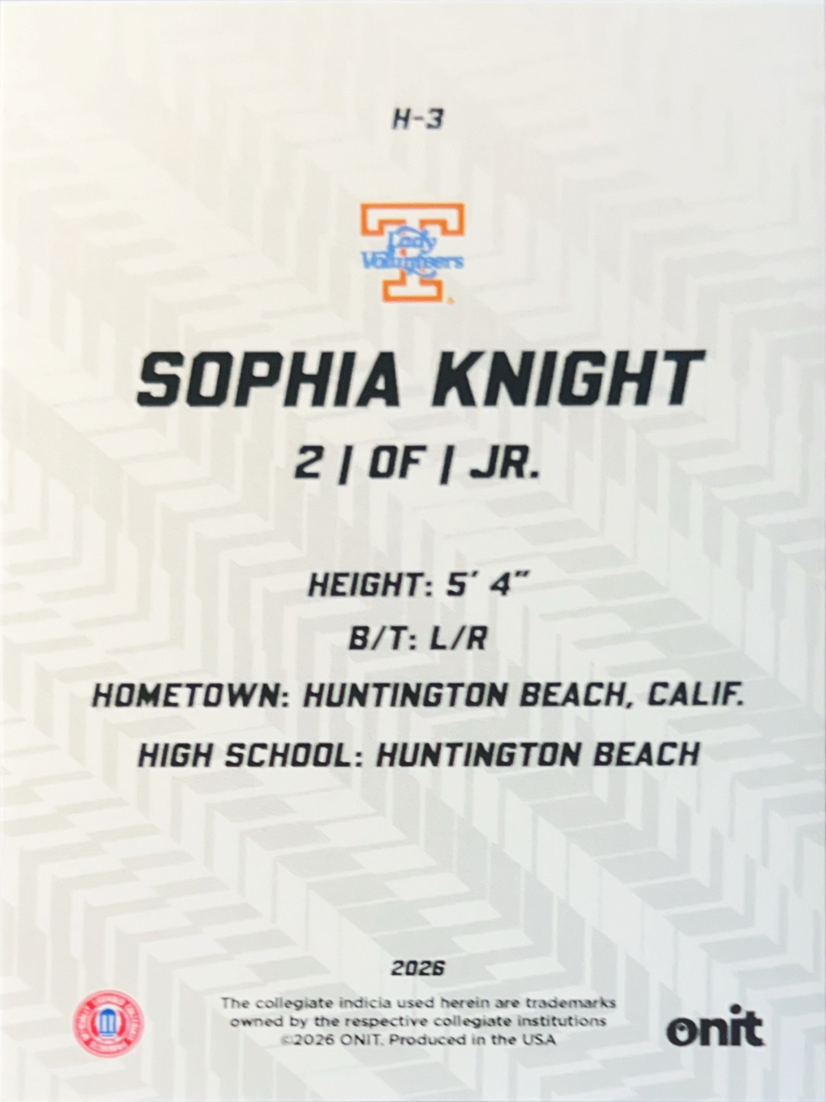 2026 ONIT Tennessee Lady Volunteers Softball Hype Sophia Knight #H-3