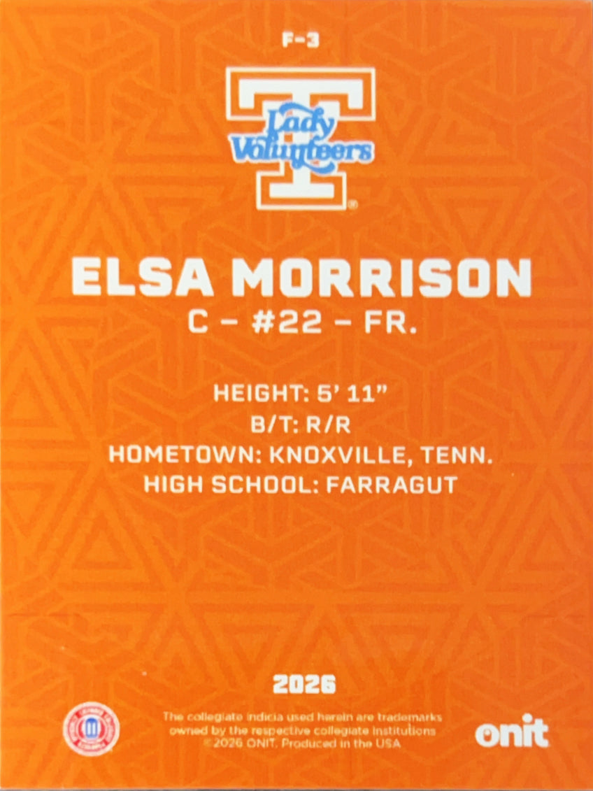 2026 ONIT Tennessee Lady Volunteers Elsa Morrison #F-3 Orange Shimmer