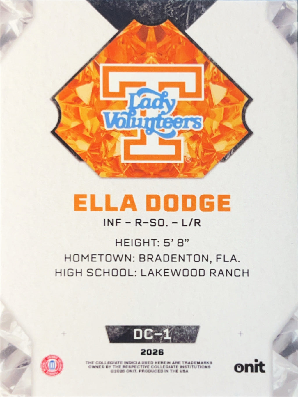 2026 Onit Tennessee Lady Volunteers Diamond Cut Ella Dodge #DC-1