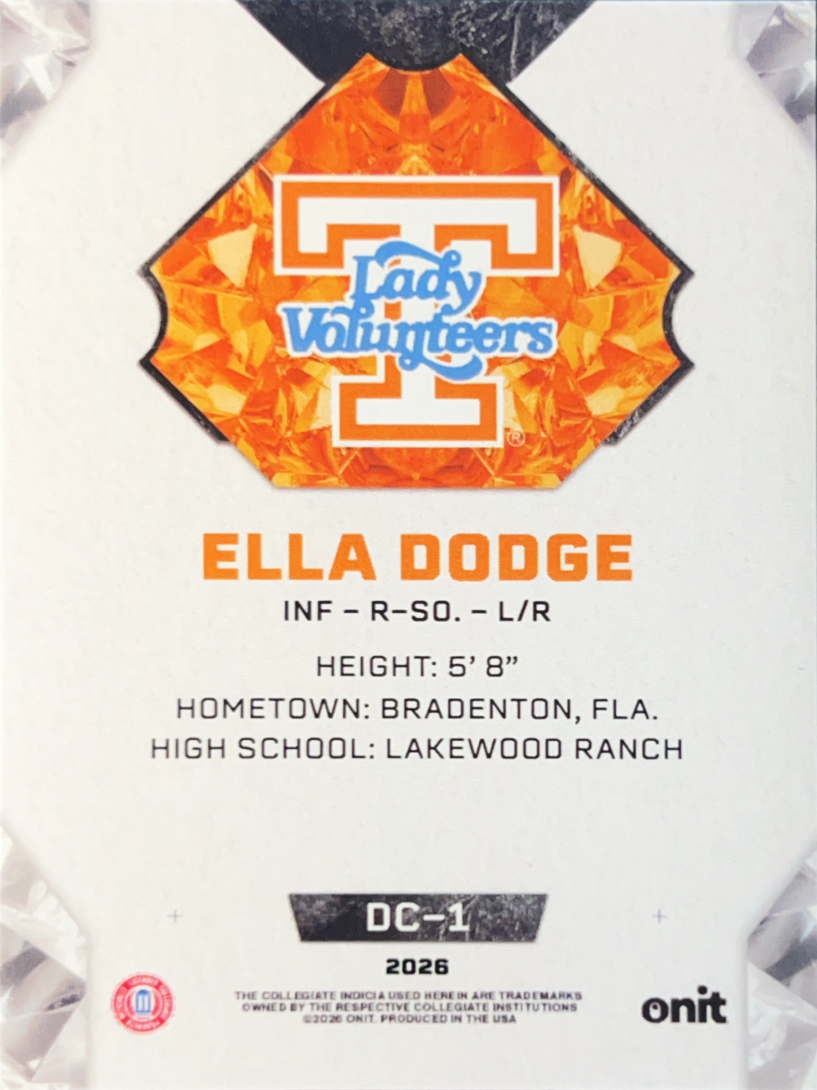 2026 Onit Tennessee Lady Volunteers Diamond Cut Ella Dodge #DC-1