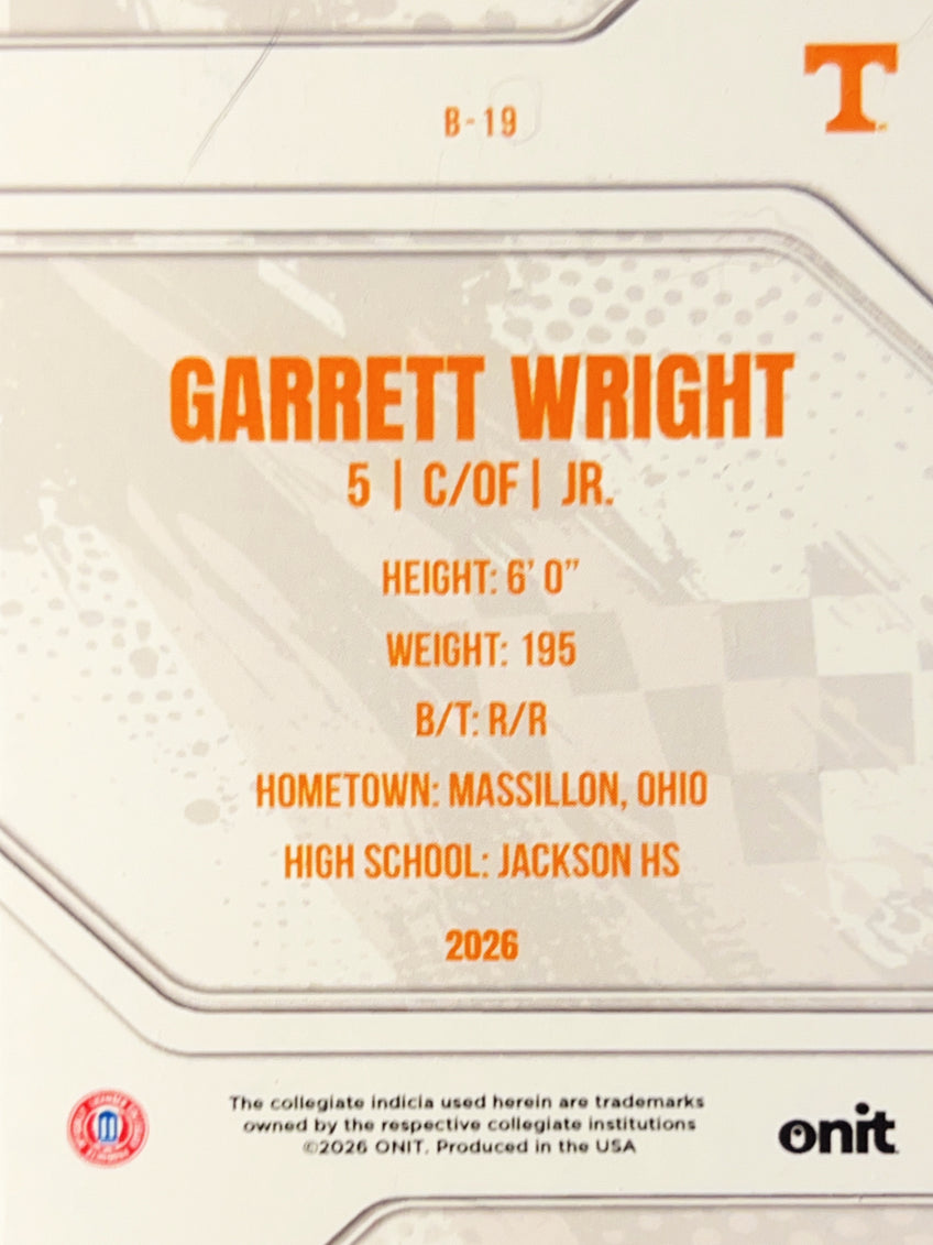2026 ONIT Tennessee Baseball Garrett Wright #B-19 Green Pattern /5