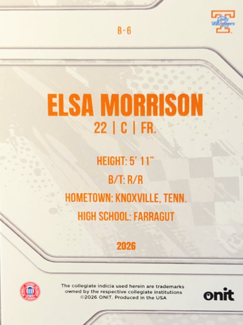 2026 ONIT Tennessee Lady Volunteers Elsa Morrison #B-6 Orange Sparkle