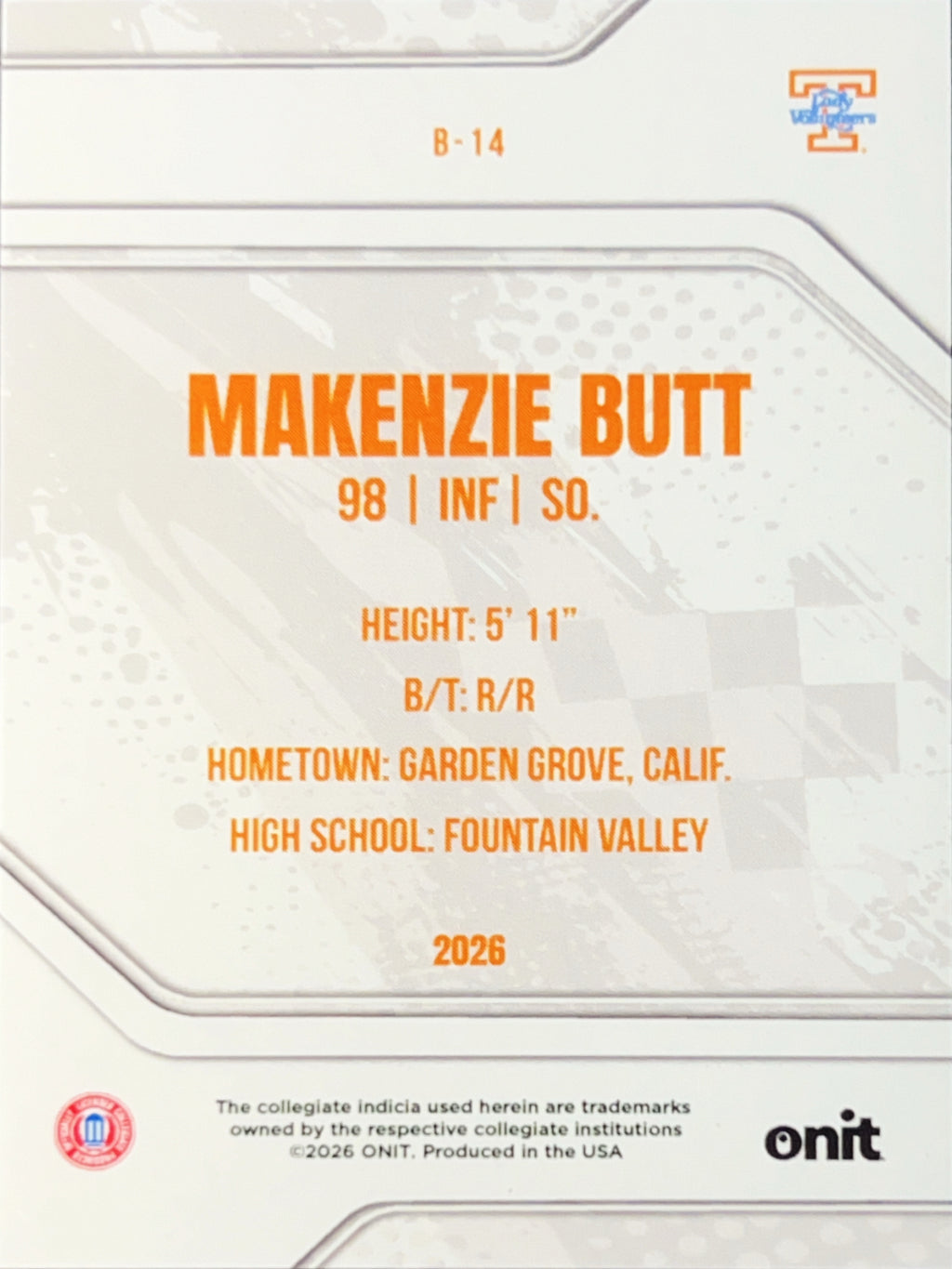 2026 ONIT Tennessee Lady Volunteers Makenzie Butt #B-14