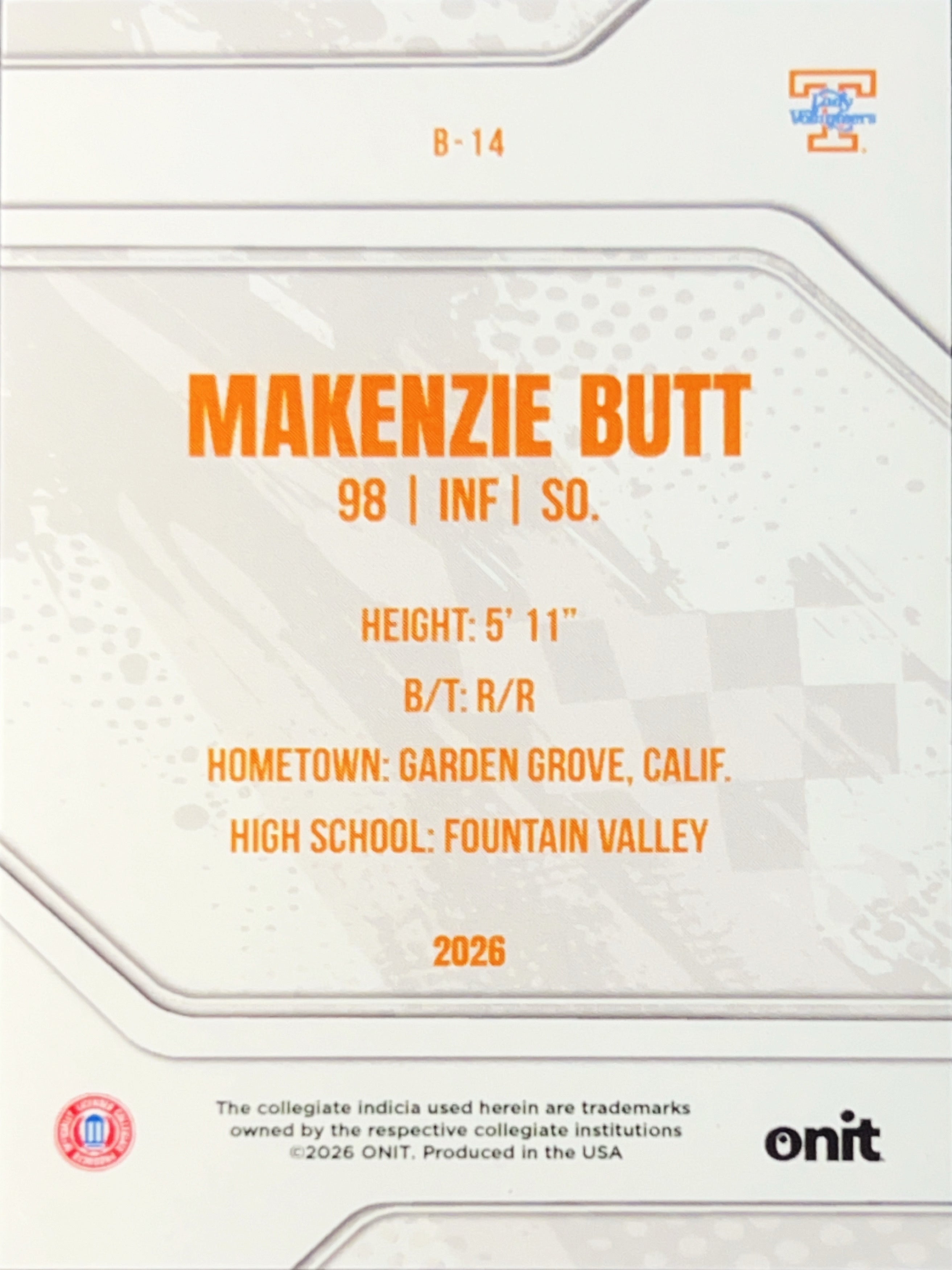 2026 ONIT Tennessee Lady Volunteers Makenzie Butt #B-14