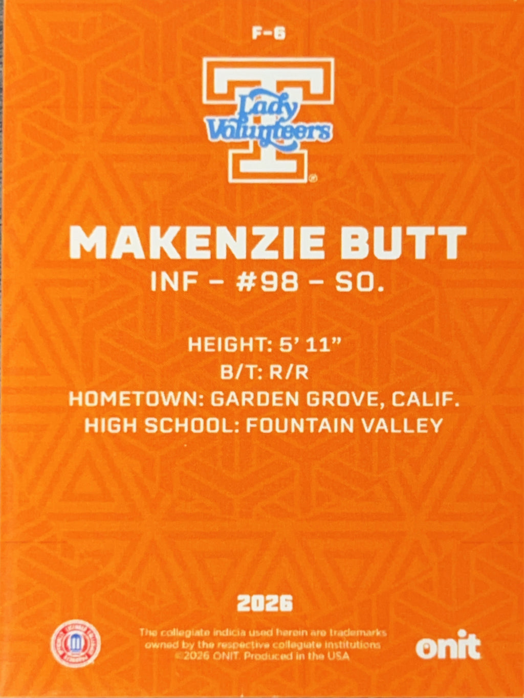2026 ONIT Tennessee Lady Volunteers Makenzie Butt #F-6 Orange Sparkle