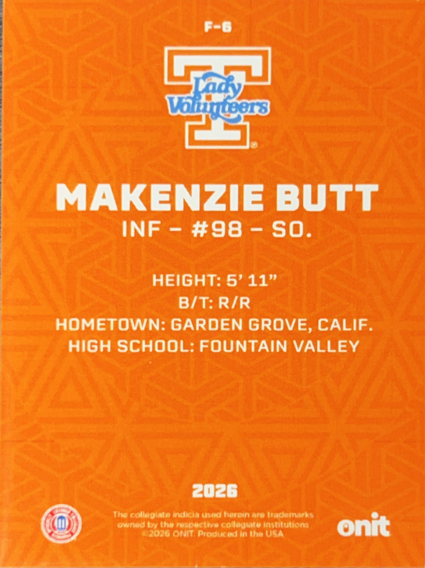 2026 ONIT Tennessee Lady Volunteers Makenzie Butt #F-6 Orange Sparkle