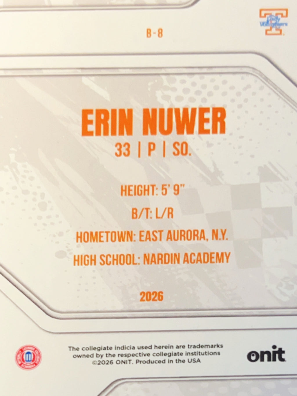 2026 ONIT Tennessee Lady Volunteers Erin Nuwer #B-8 Orange Sparkle