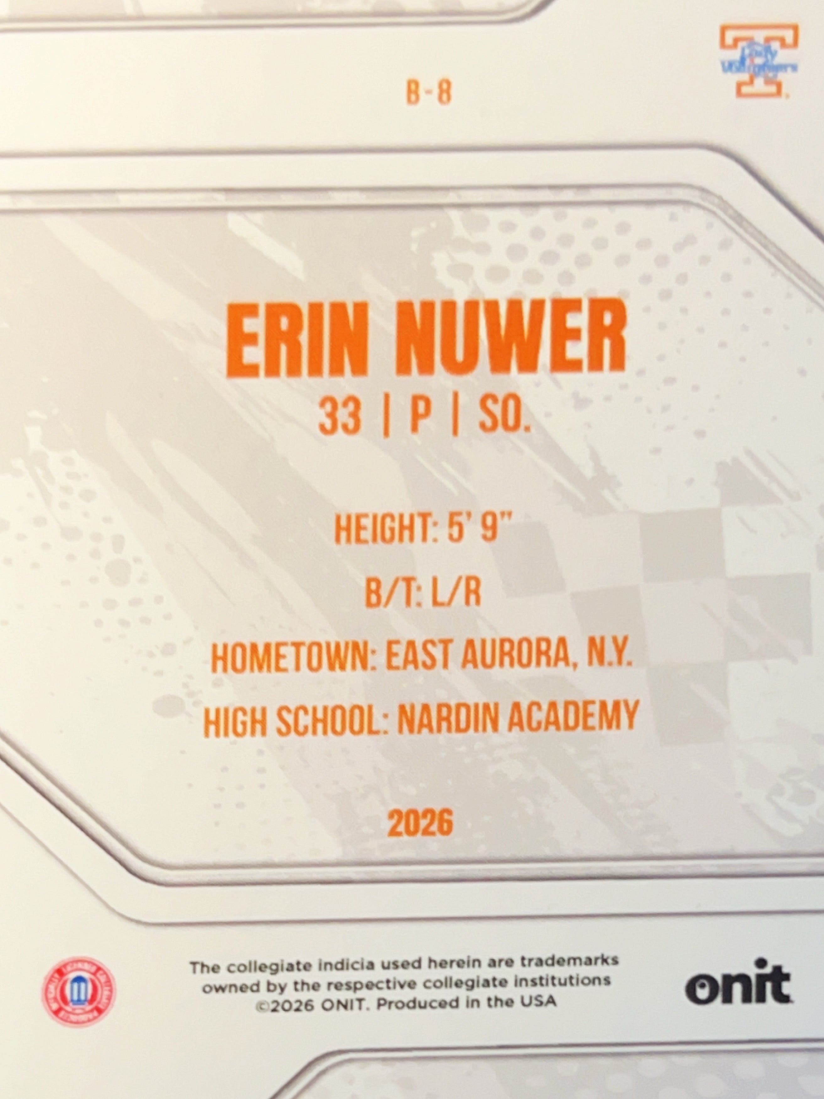 2026 ONIT Tennessee Lady Volunteers Erin Nuwer #B-8 Orange Sparkle