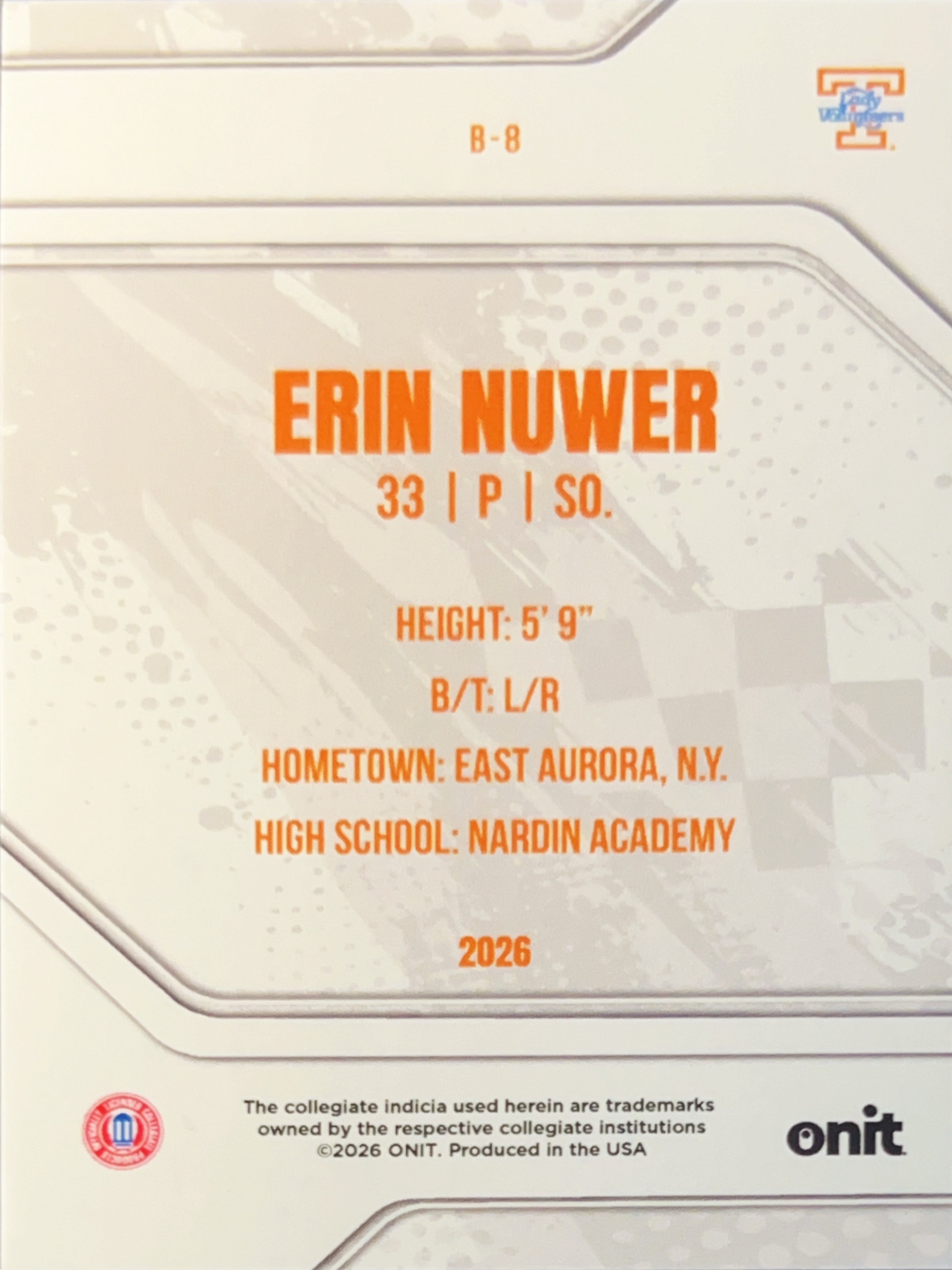 2026 ONIT Tennessee Lady Volunteers Erin Nuwer #B-8 Orange Sparkle