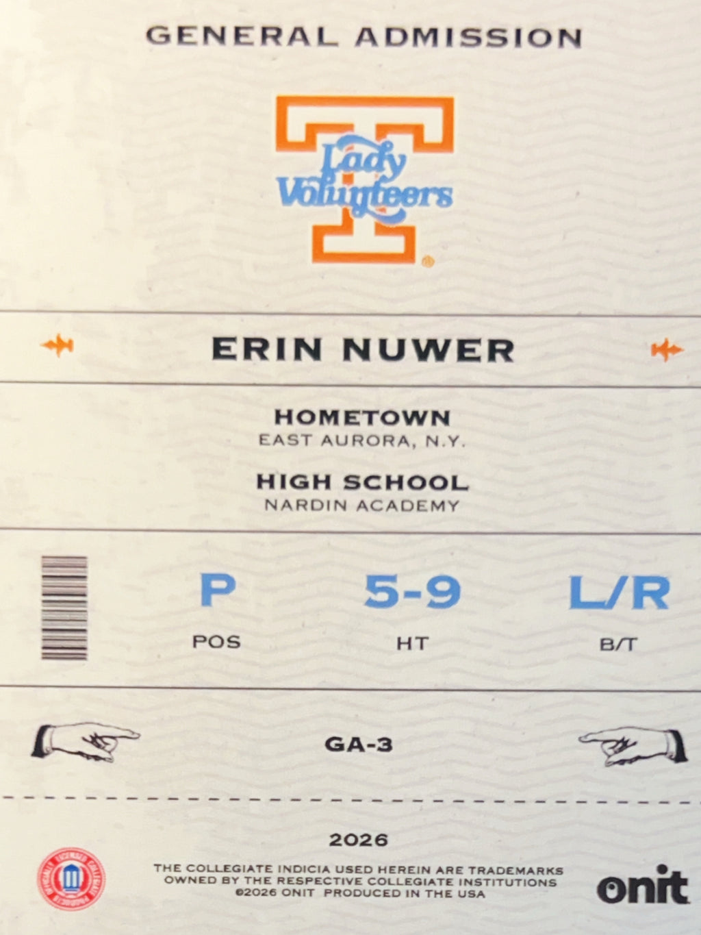 2026 ONIT University of Tennessee Softball Erin Nuwer #GA-3 Holo