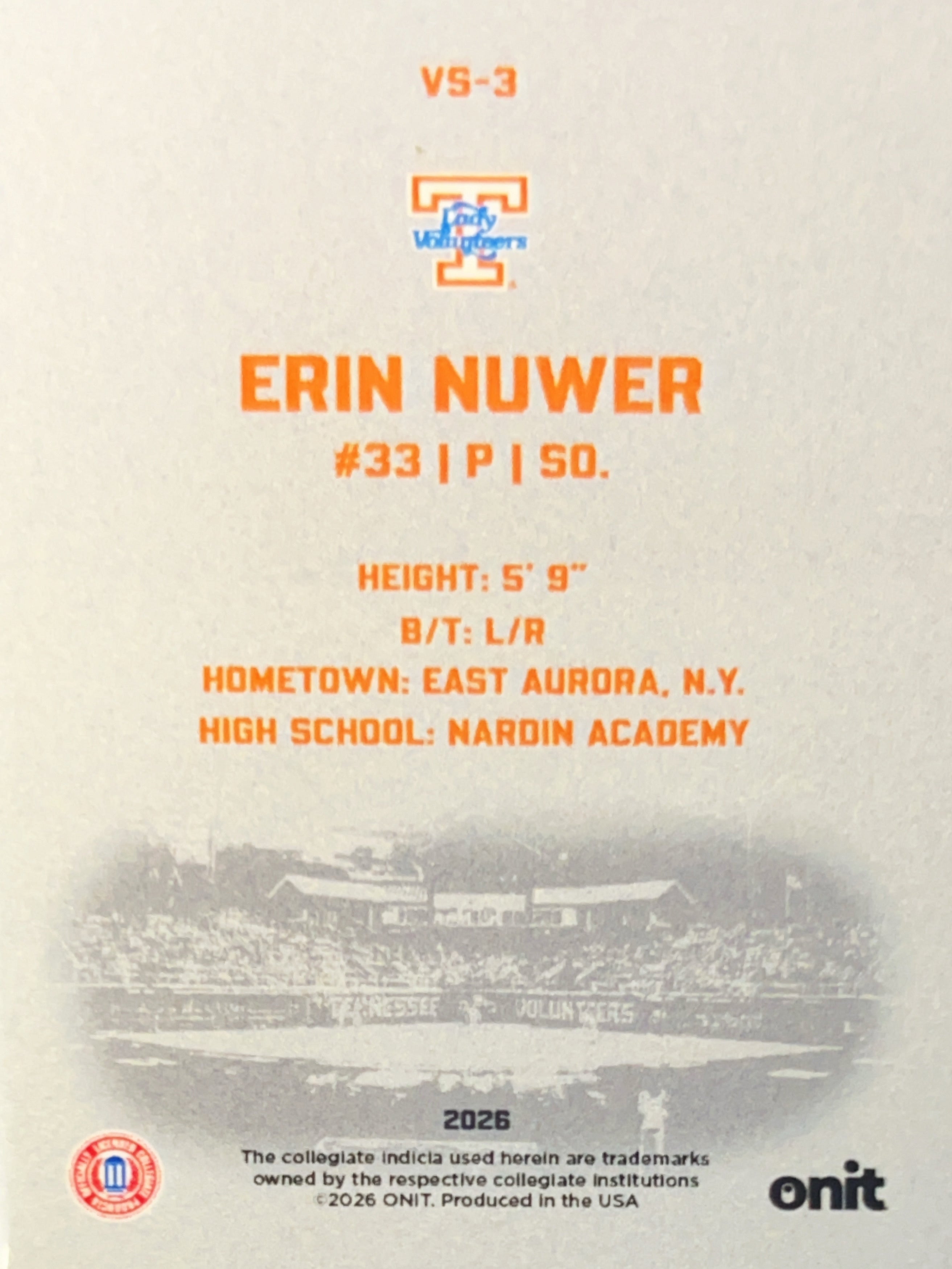 2026 ONIT Tennessee Lady Vols Softball Erin Nuwer #VS-3