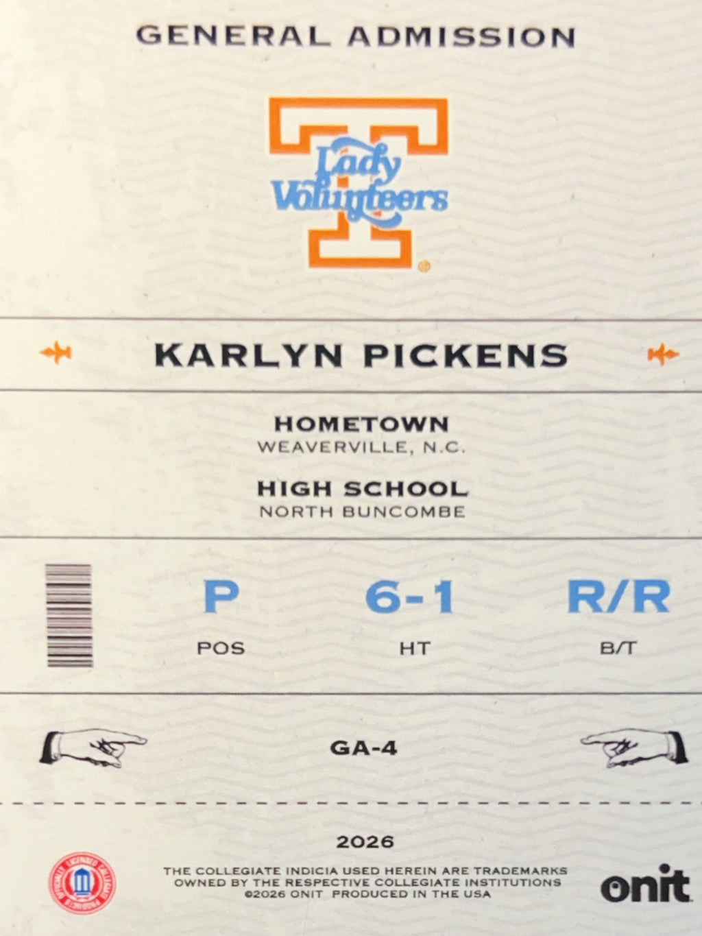 2026 Onit Tennessee Softball Karlyn Pickens #GA-4 Orange Refractor