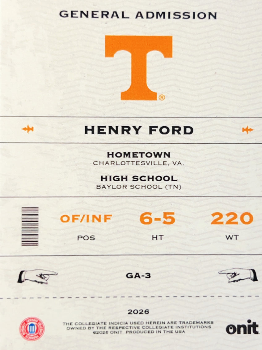 2026 Onit Tennessee Baseball Henry Ford #GA-3 Holo