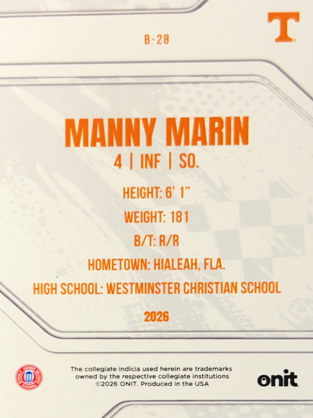 2026 ONIT Tennessee Baseball Manny Marin #B-28