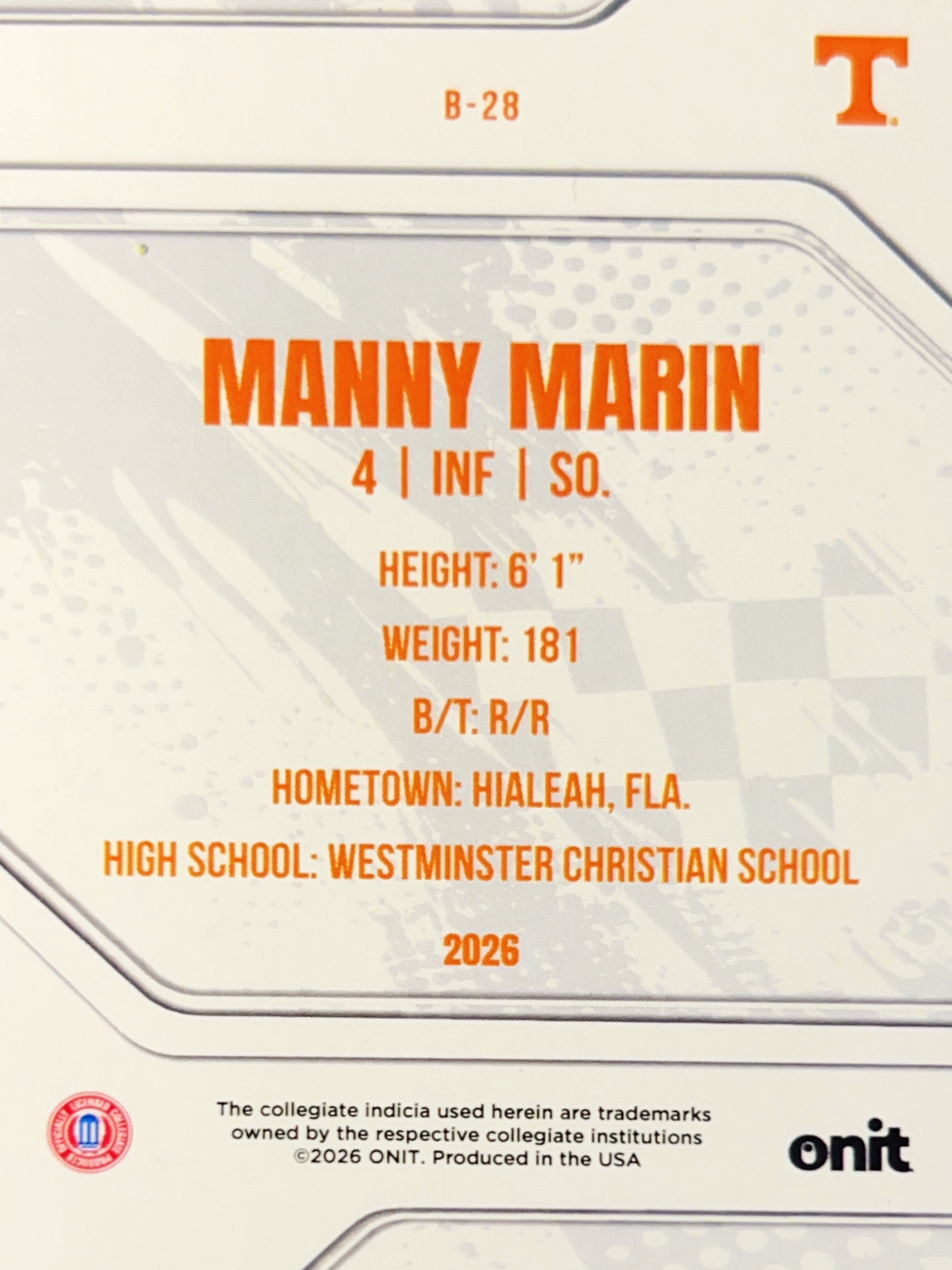 2026 ONIT Tennessee Baseball Manny Marin #B-28