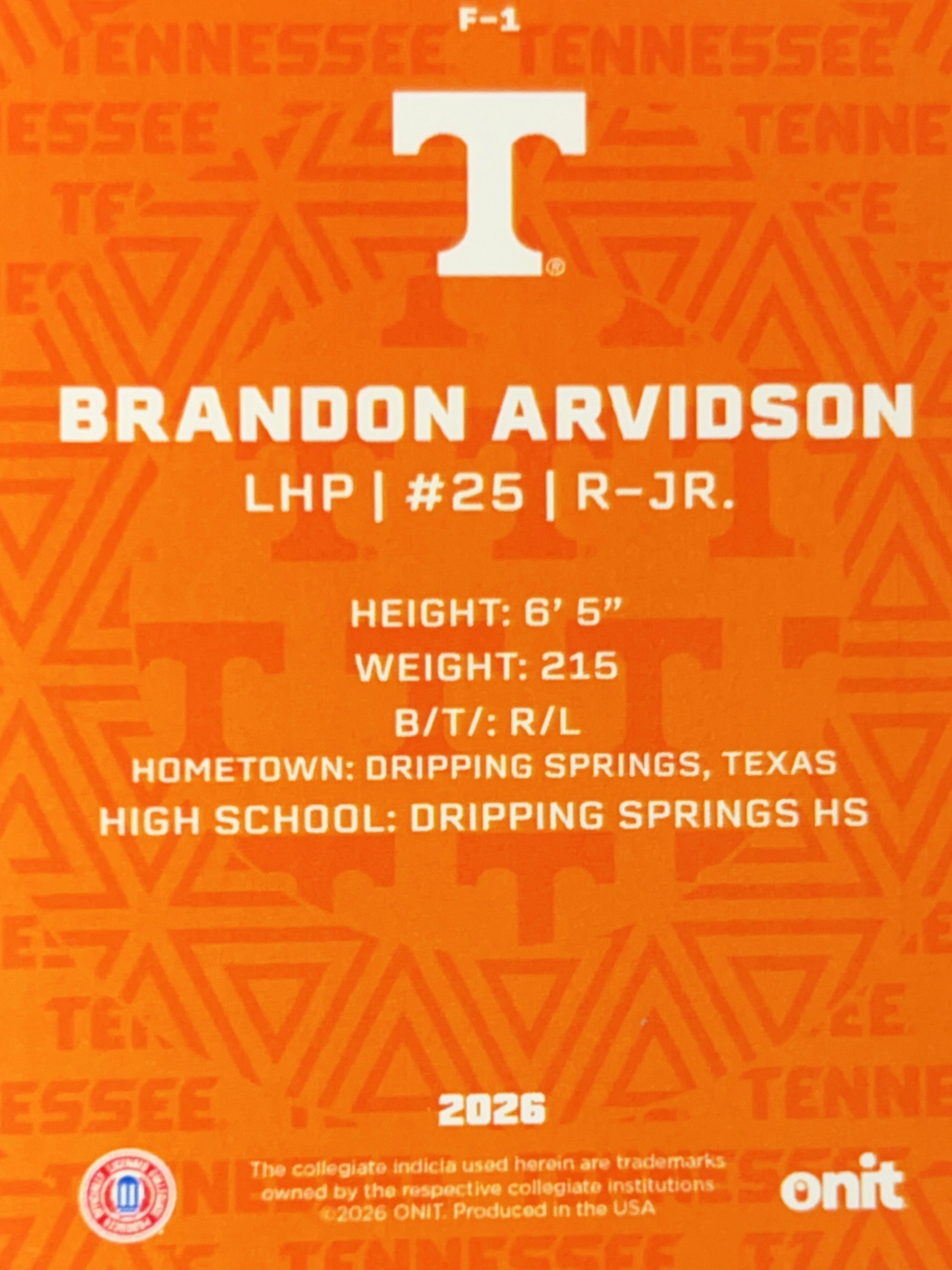 2026 ONIT Tennessee Baseball Brandon Arvidson #F-1