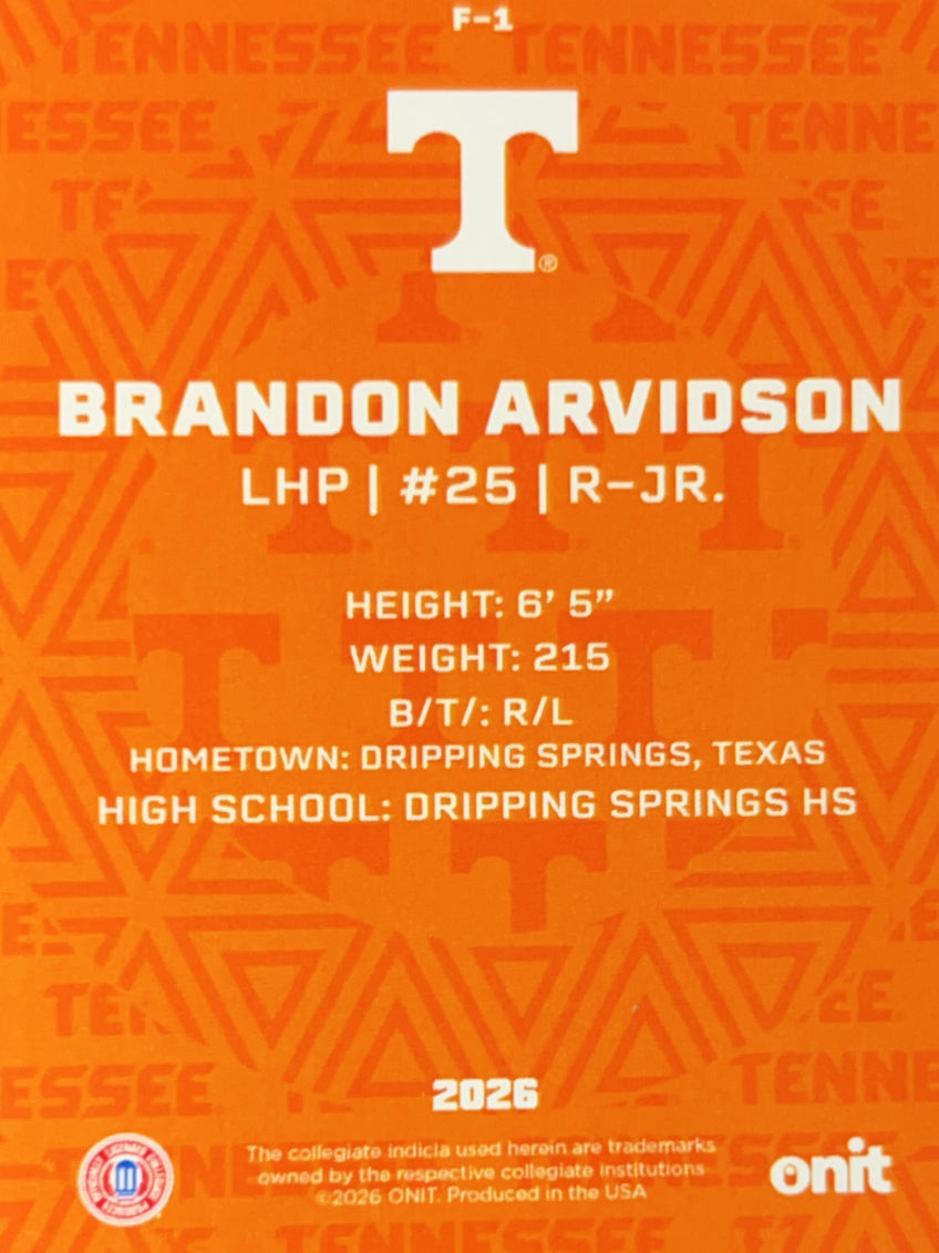 2026 ONIT Tennessee Baseball Brandon Arvidson #F-1