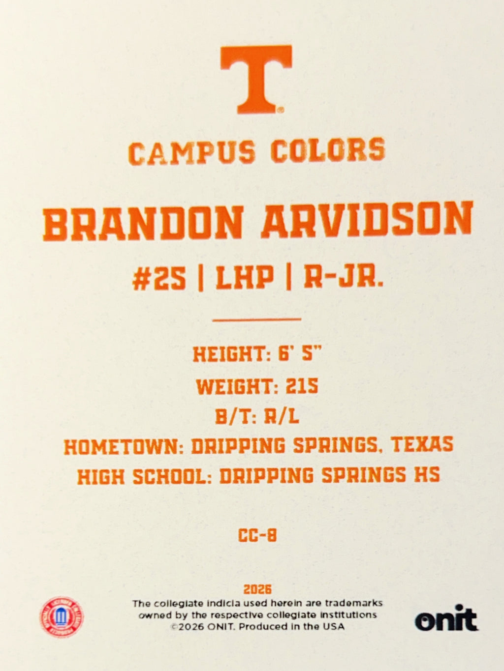 2026 ONIT Campus Colors Brandon Arvidson #CC-8