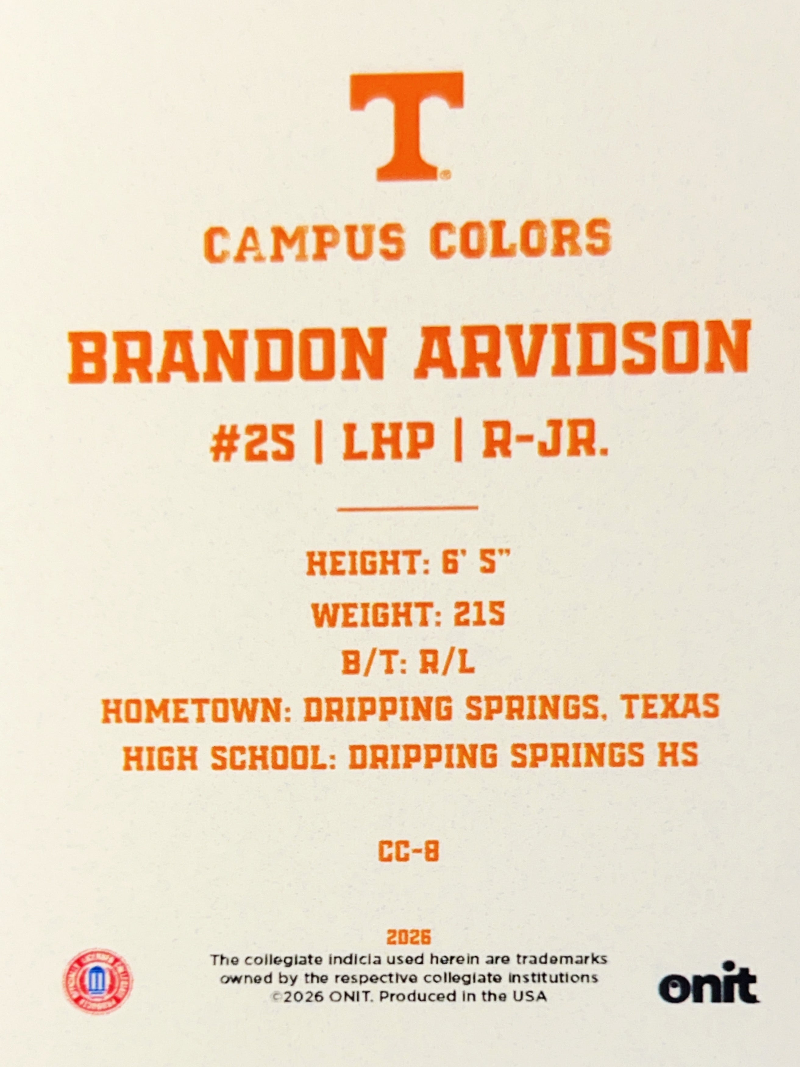 2026 ONIT Campus Colors Brandon Arvidson #CC-8