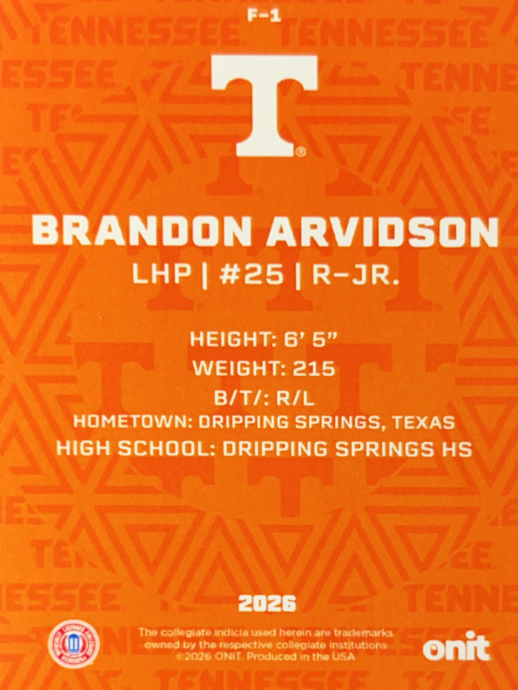 2026 ONIT Tennessee Baseball Brandon Arvidson #F-1
