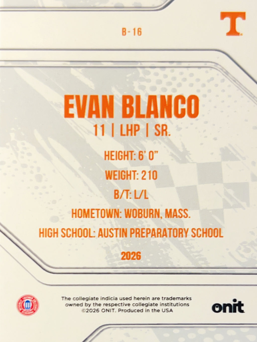 2026 ONIT Tennessee Baseball Evan Blanco #B-16