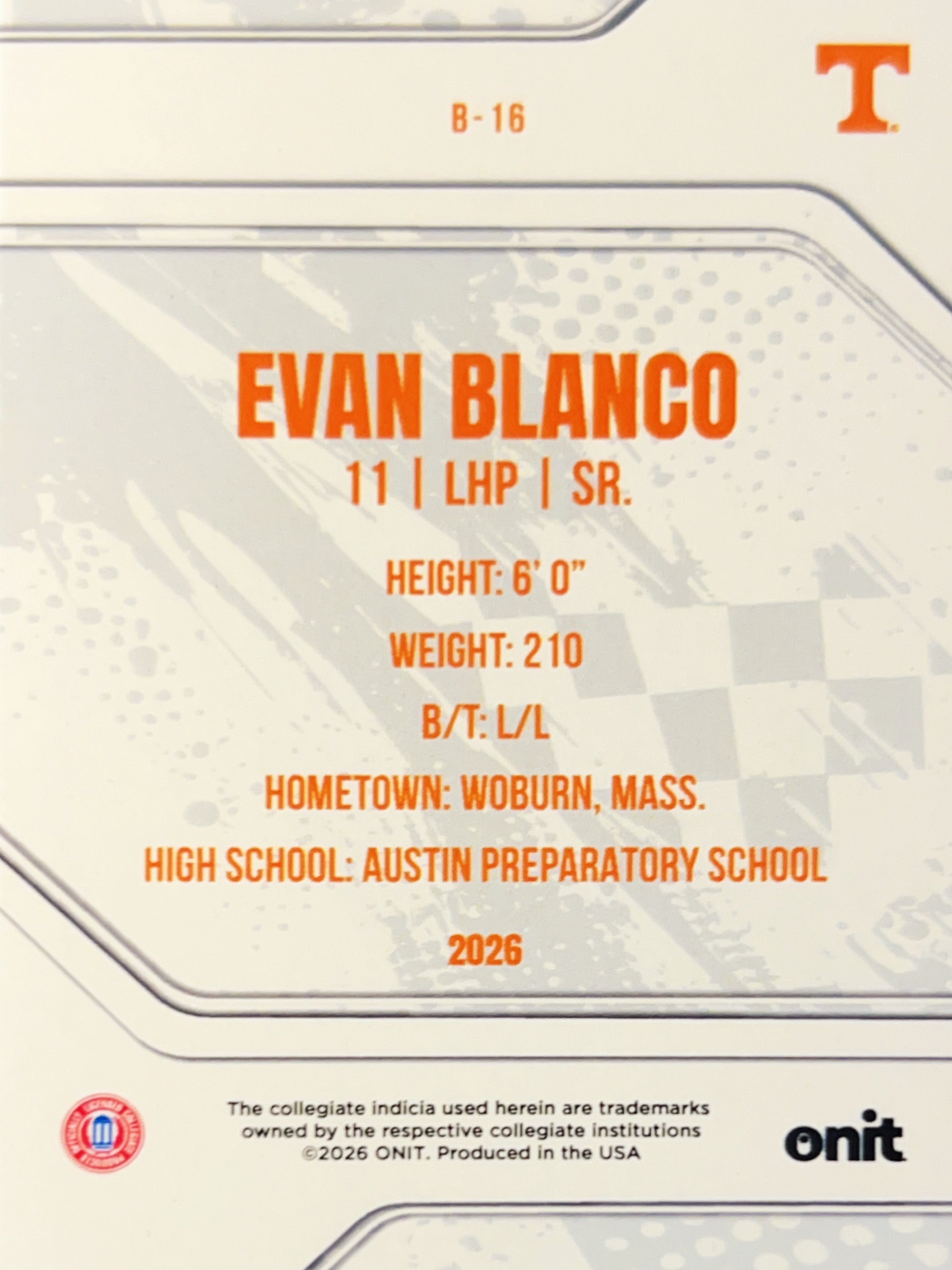 2026 ONIT Tennessee Baseball Evan Blanco #B-16