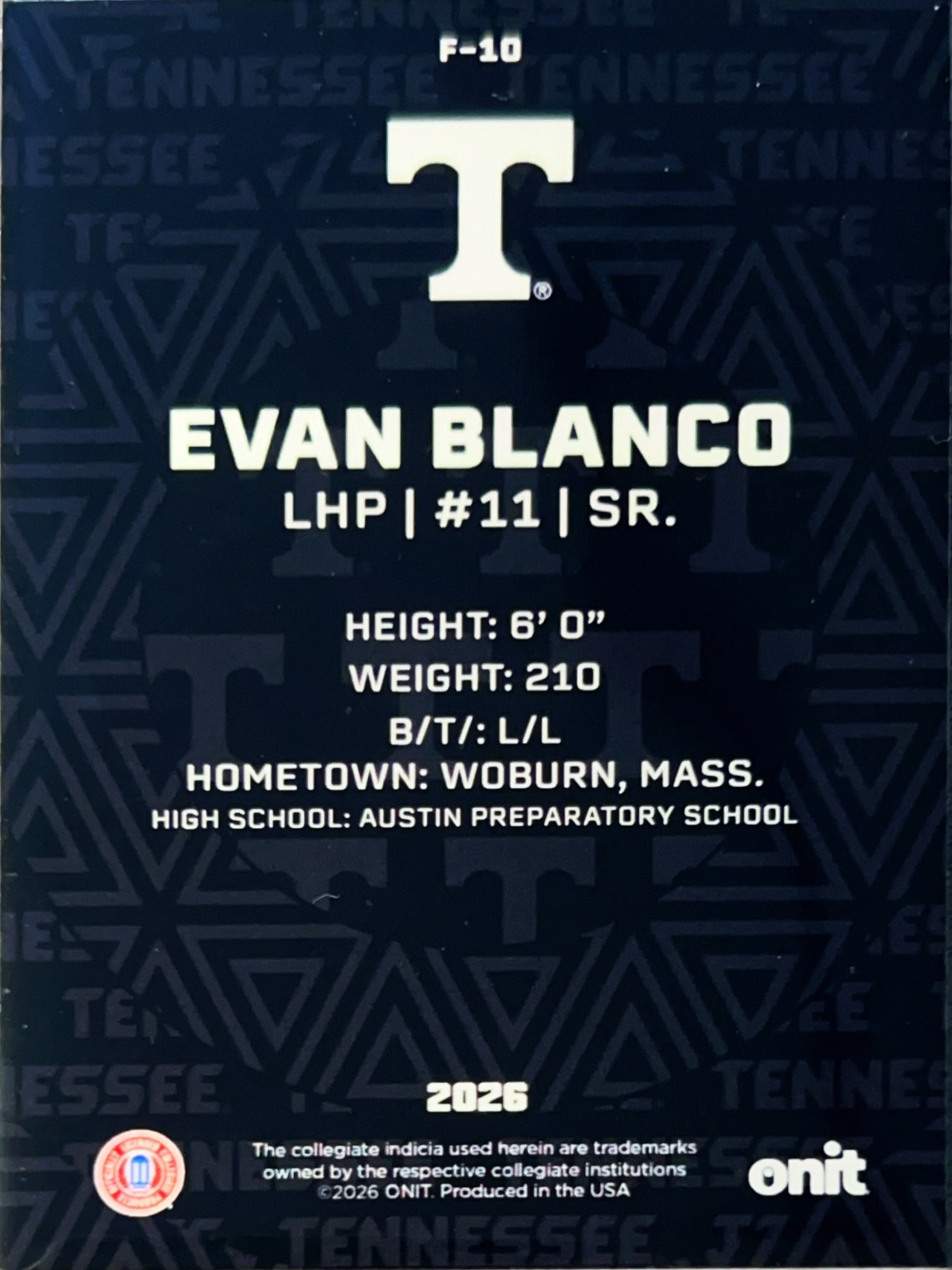 2026 ONIT Tennessee Baseball Evan Blanco #F-10